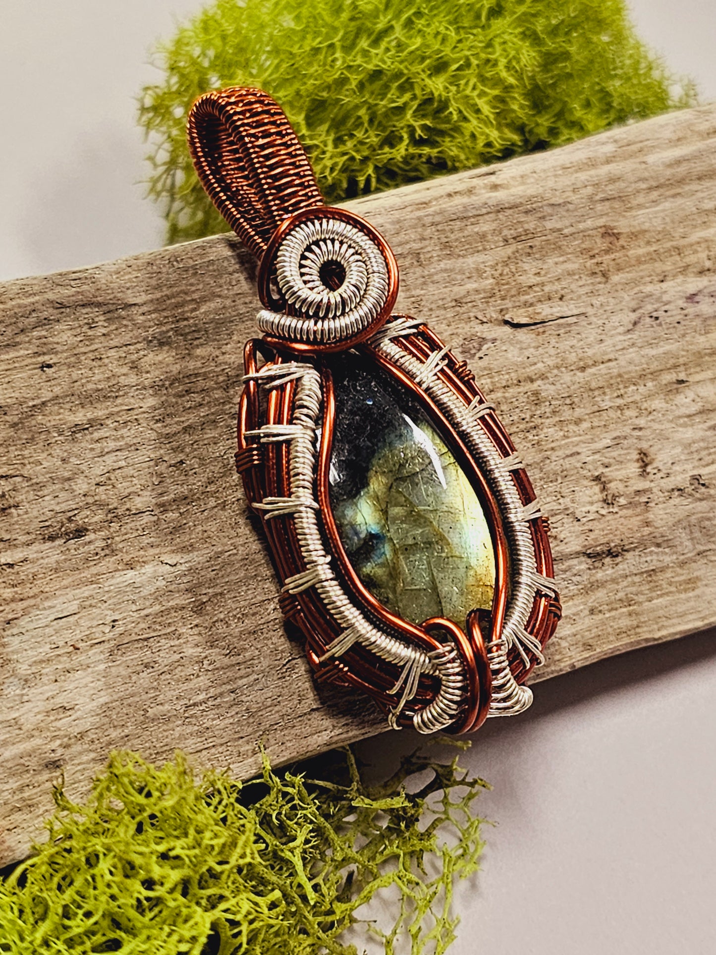 Labradorite and Copper/Silver Wire Wrapped Necklace Pendant