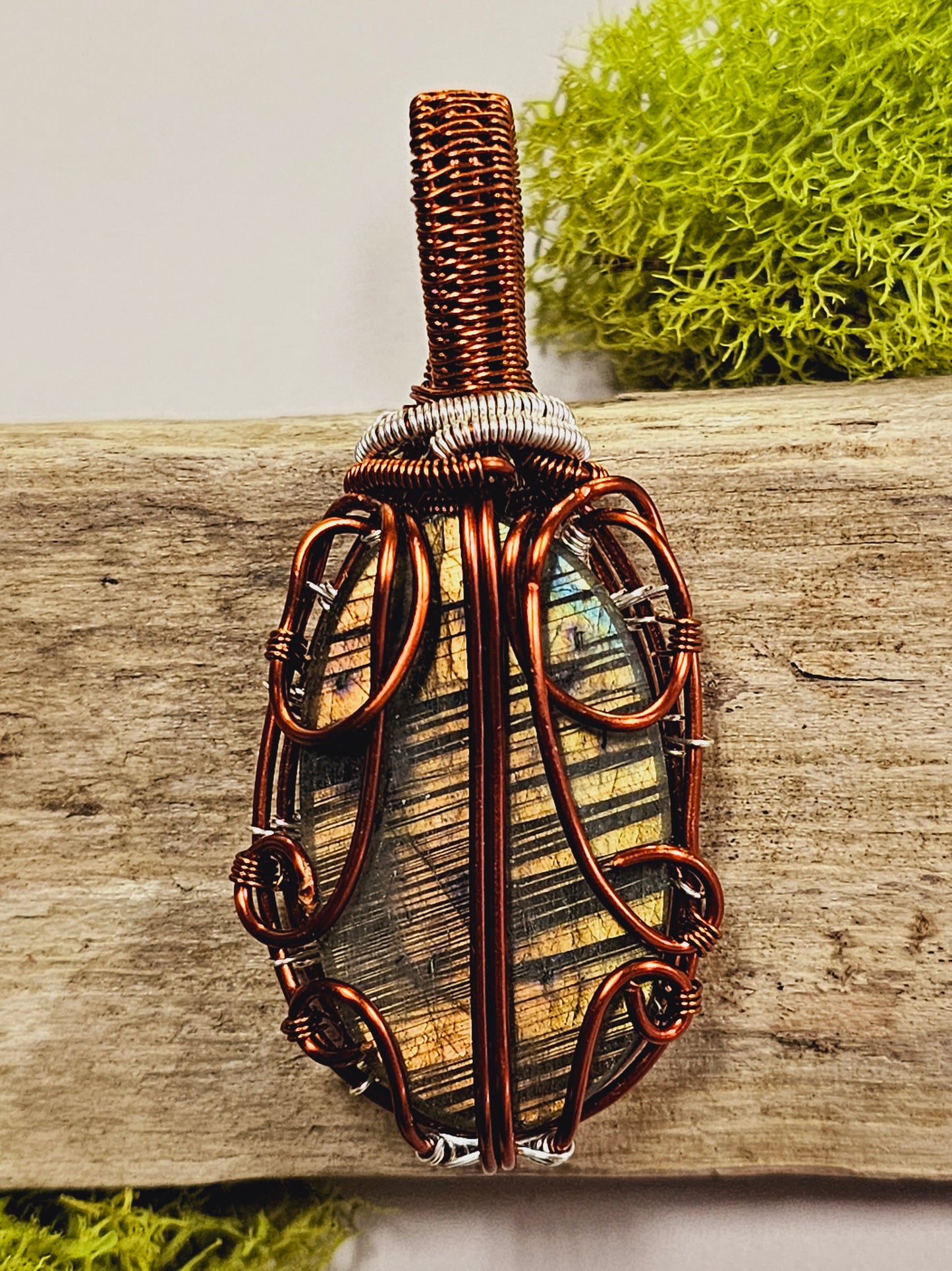Labradorite and Copper/Silver Wire Wrapped Necklace Pendant