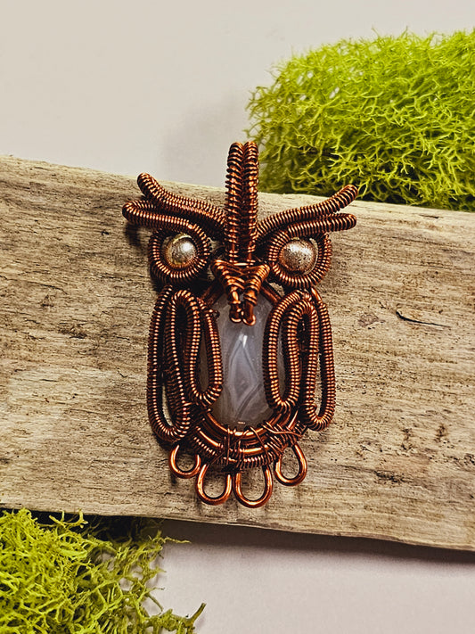 Agate Owl Copper Wire Wrapped Necklace Pendant