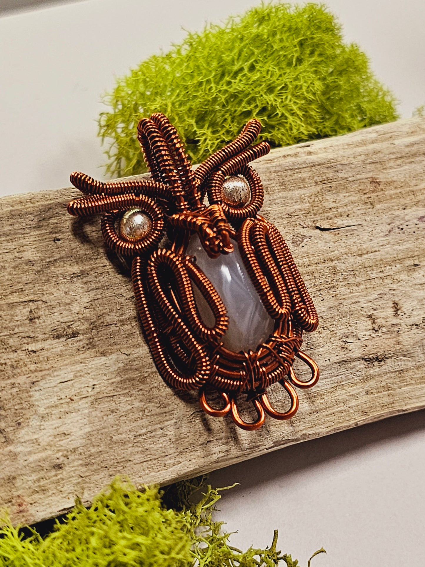 Agate Owl Copper Wire Wrapped Necklace Pendant