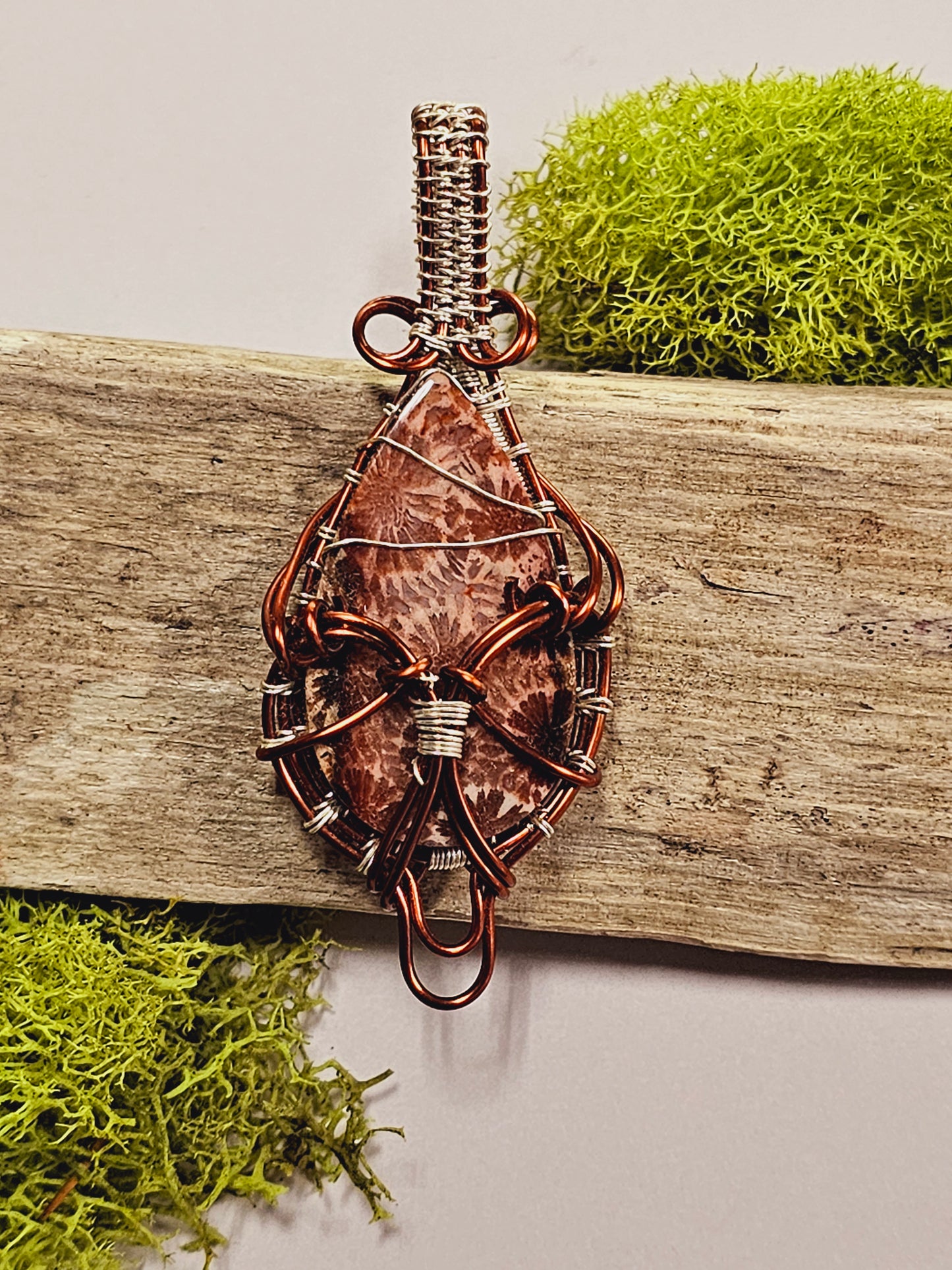 Fossilized Coral and Copper/Silver Wire Wrapped Necklace Pendant