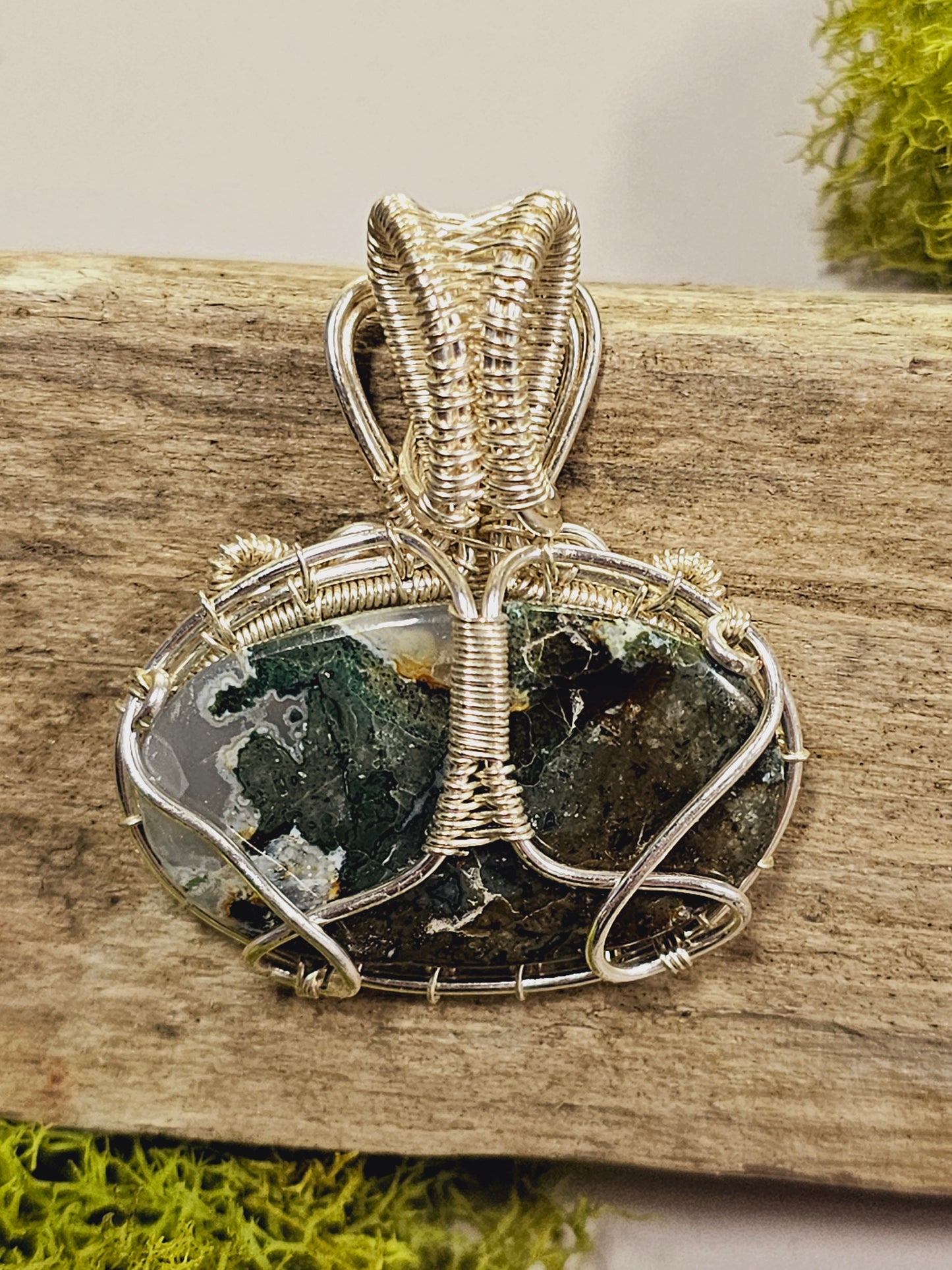 Moss Agate and Silver Wire Wrapped Necklace Pendant