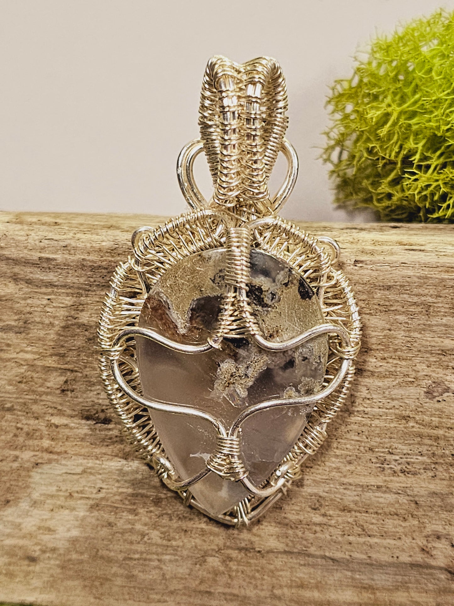Moss Agate and Silver Wire Wrapped Necklace Pendant
