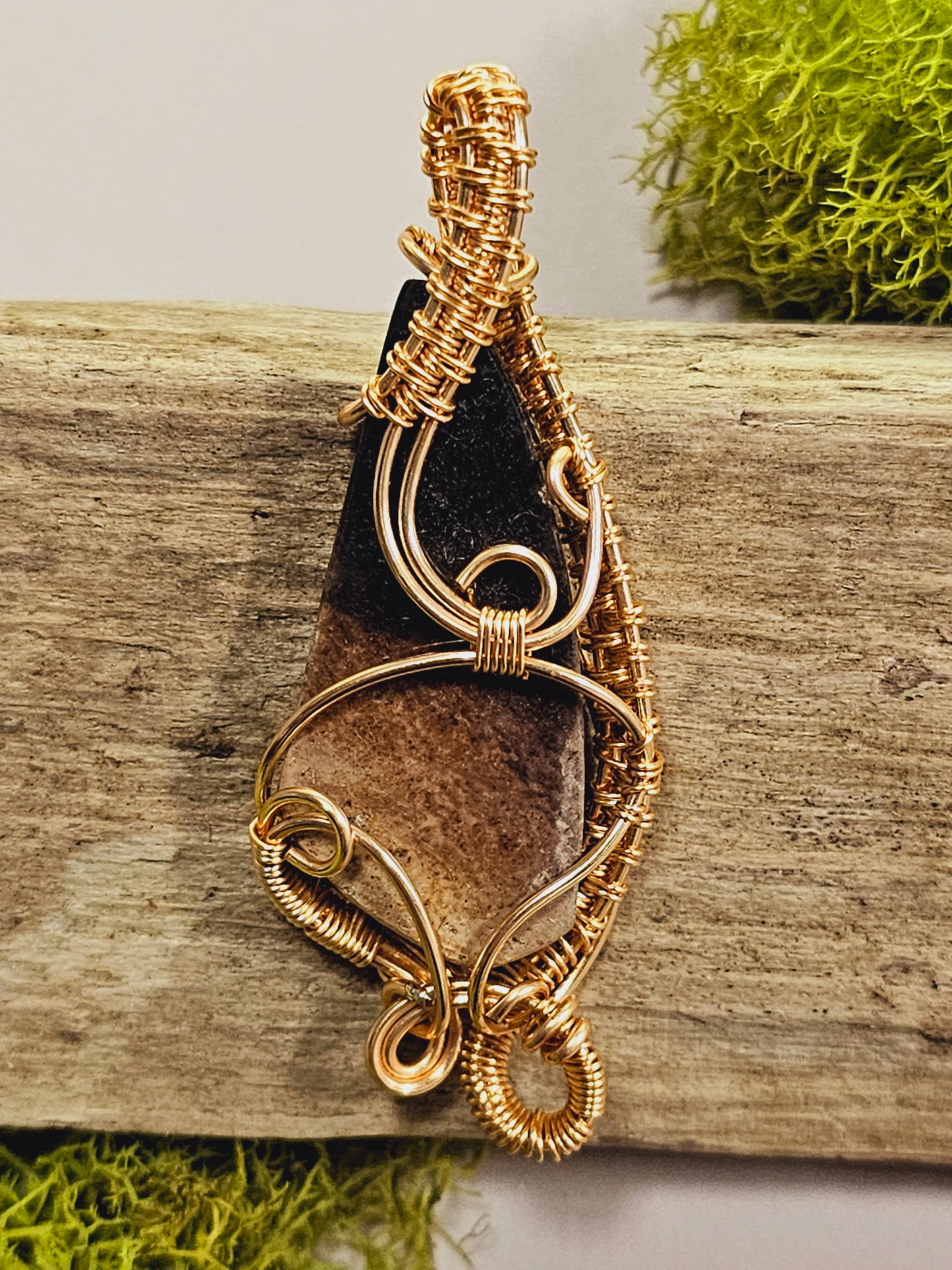 Palm Root and Gold Wire Wrapped Necklace Pendant