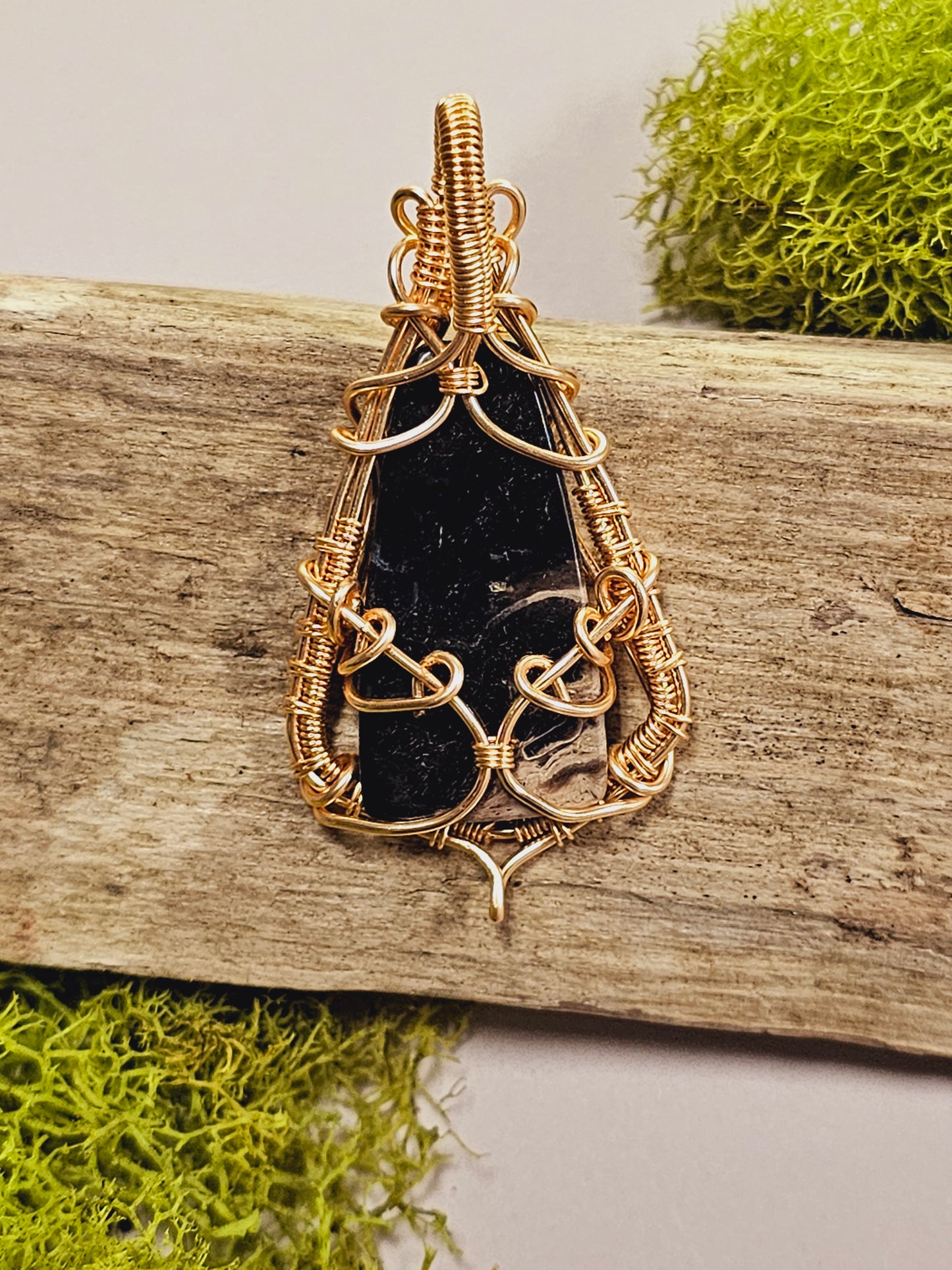 Palm Root and Gold Wire Wrapped Necklace Pendant