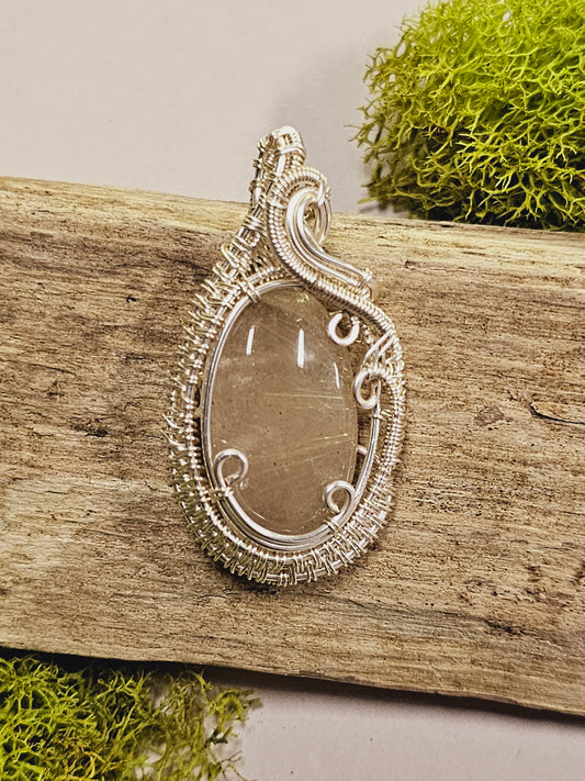 Gold Rutile Quartz and Silver Wire Wrapped Necklace Pendant