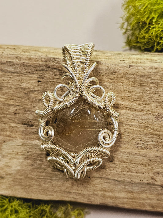 Gold Rutile Quartz and Silver Wire Wrapped Necklace Pendant