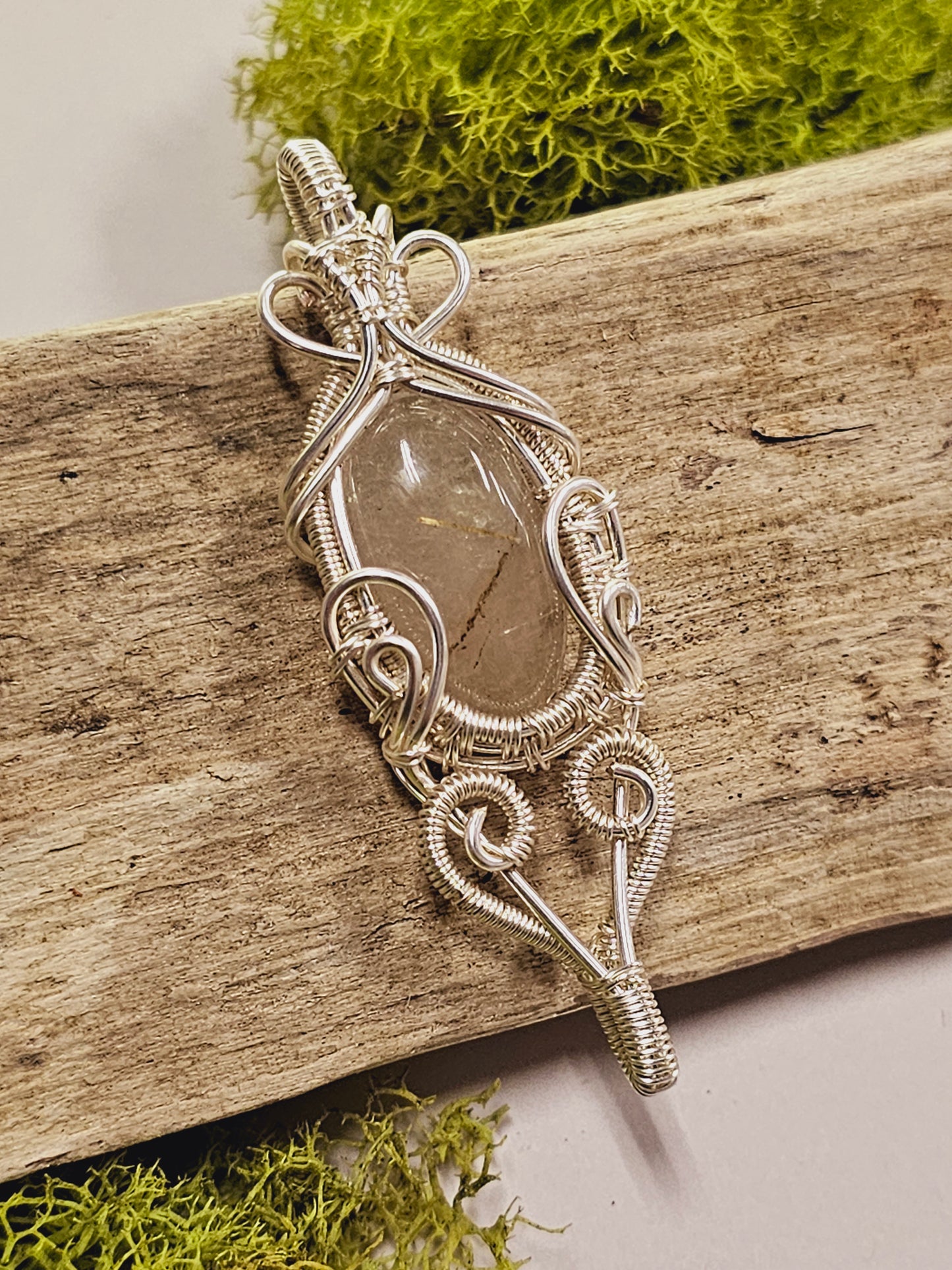 Gold Rutile Quartz and Silver Wire Wrapped Necklace Pendant