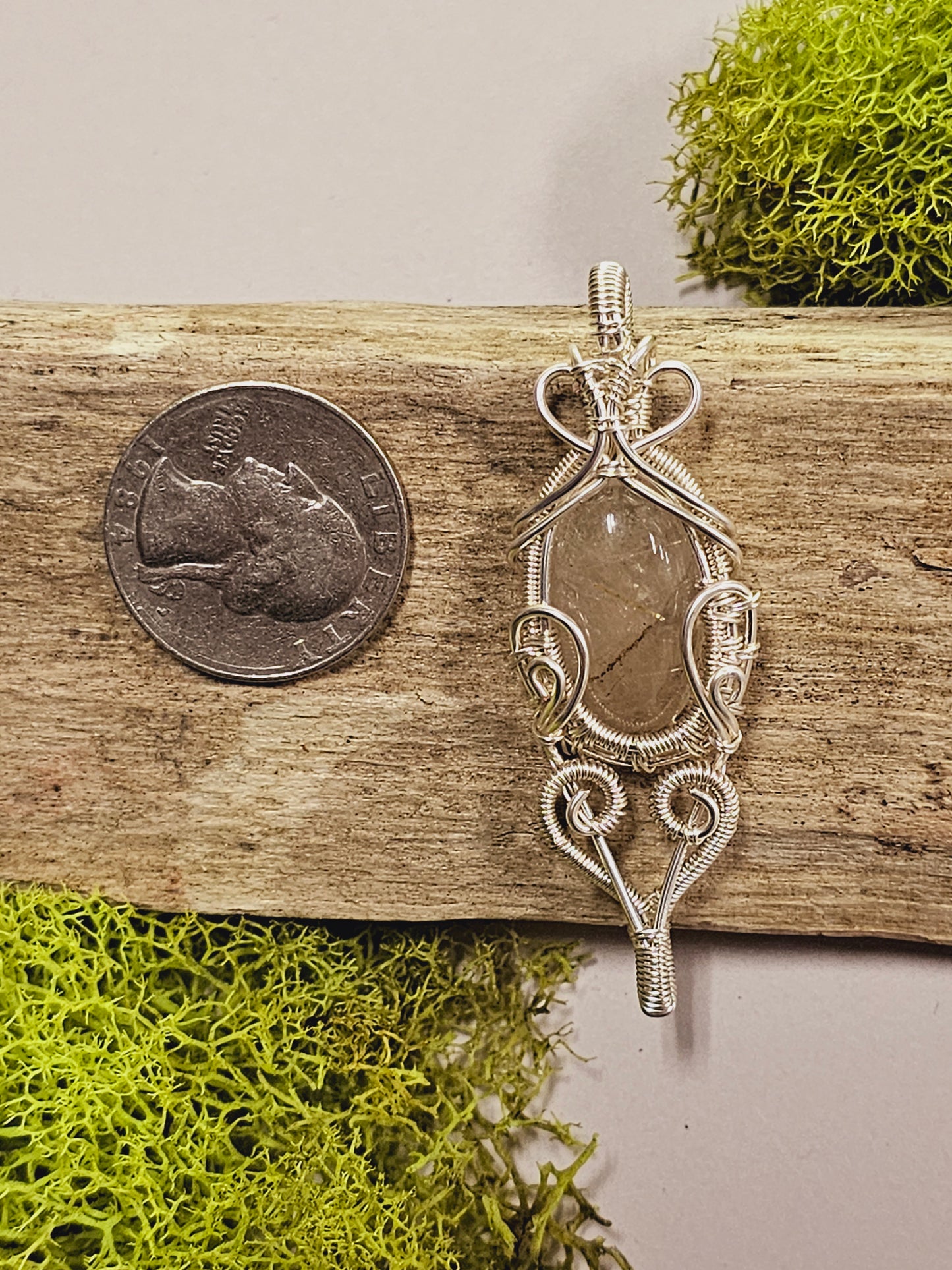 Gold Rutile Quartz and Silver Wire Wrapped Necklace Pendant
