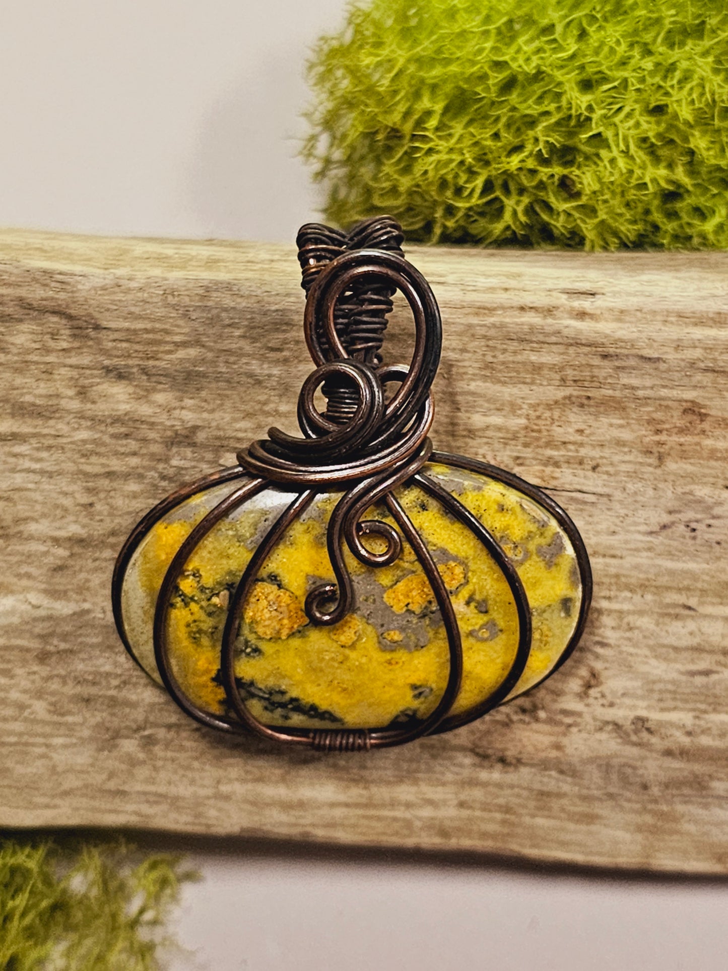 Bumble Bee Jasper and Oxidized Wire Wrapped Necklace Pendant