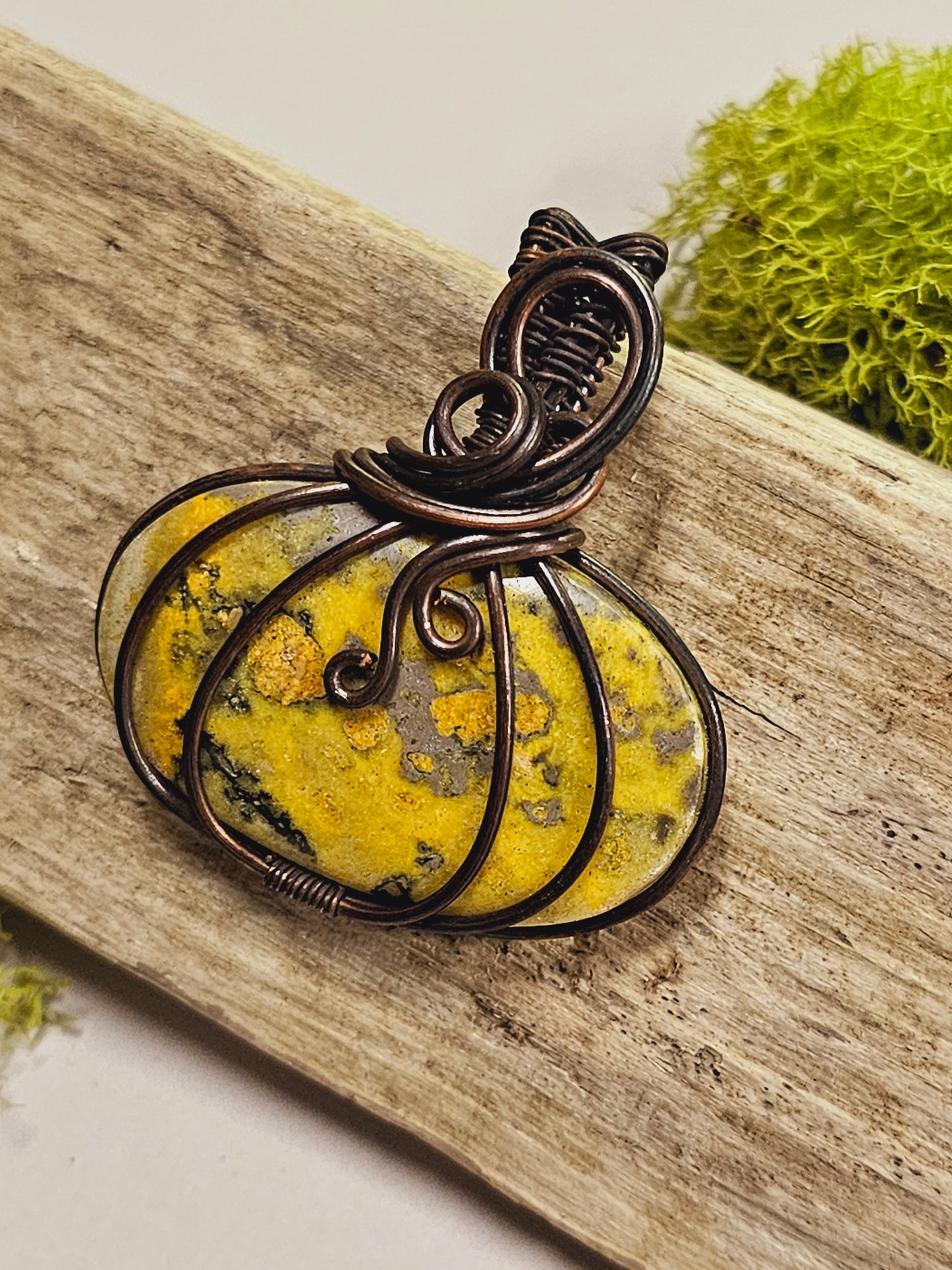 Bumble Bee Jasper and Oxidized Wire Wrapped Necklace Pendant