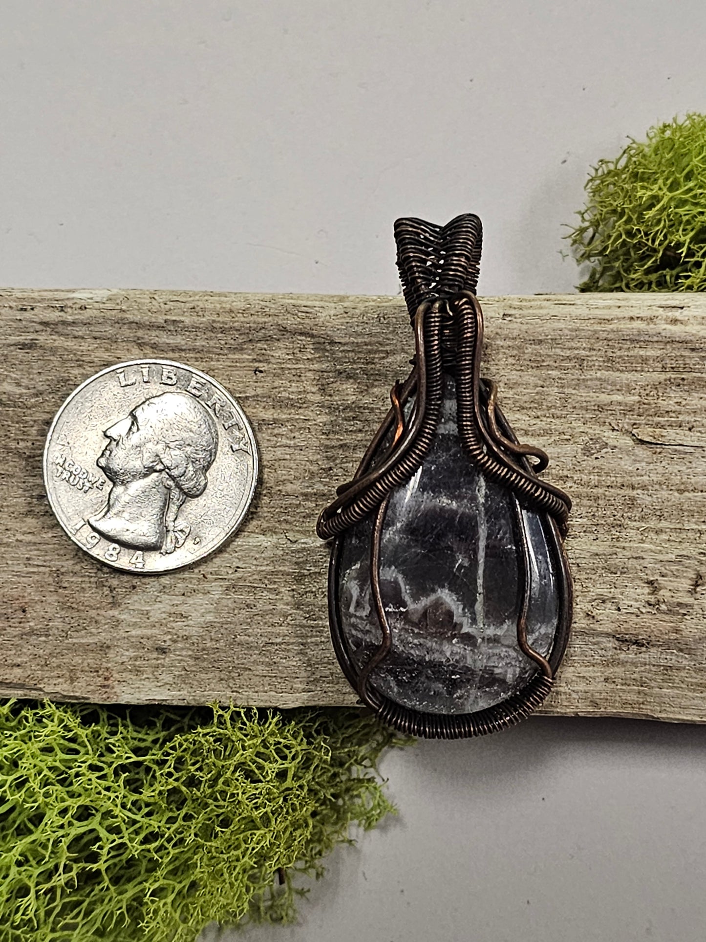 Amethyst and Oxidized Wire Wrapped Necklace Pendant