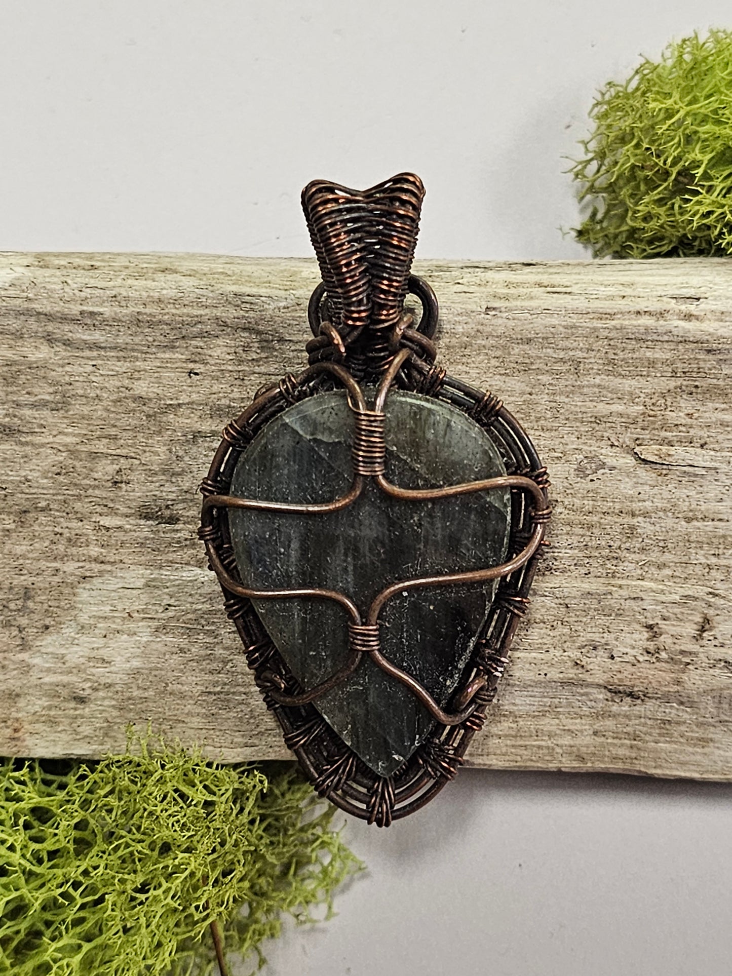 Labradorite and Oxidized Wire Wrapped Necklace Pendant