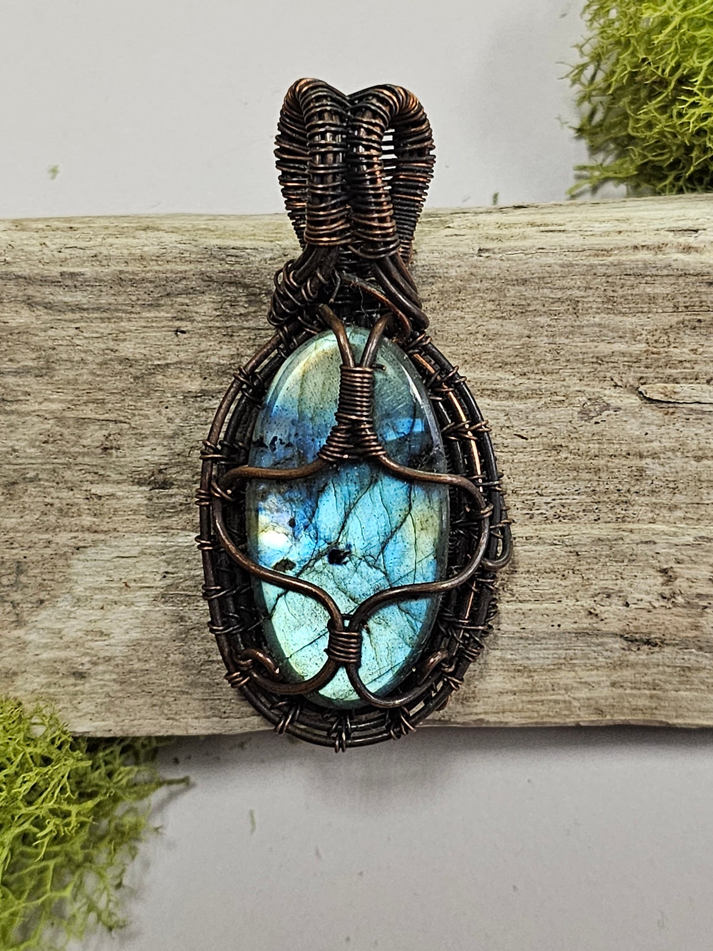 Labradorite and Oxidized Wire Wrapped Necklace Pendant