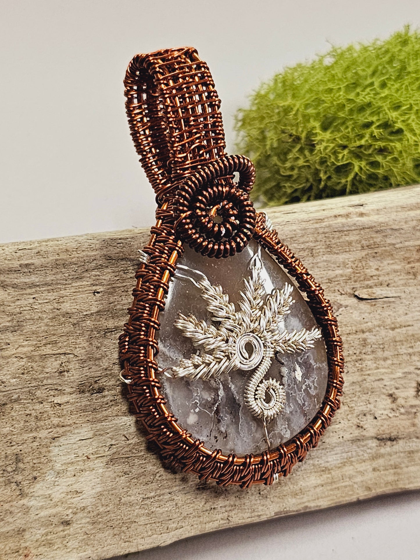 Flower Agate Wire Wrapped Necklace Pendant