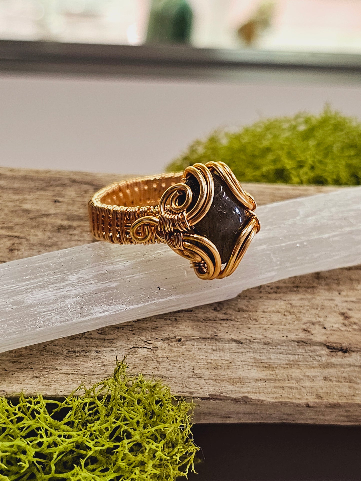 Labradorite and Gold Wire Wrapped Ring Size 10