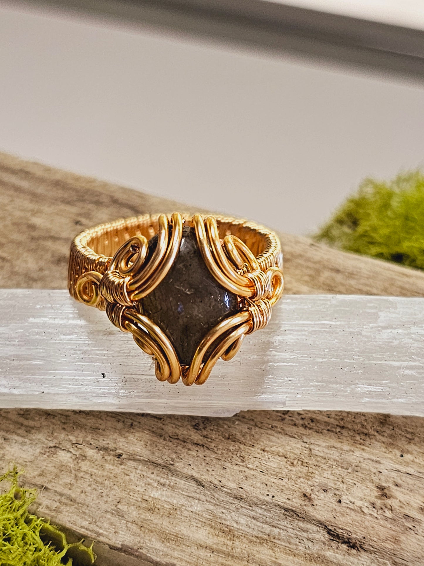 Labradorite and Gold Wire Wrapped Ring Size 10