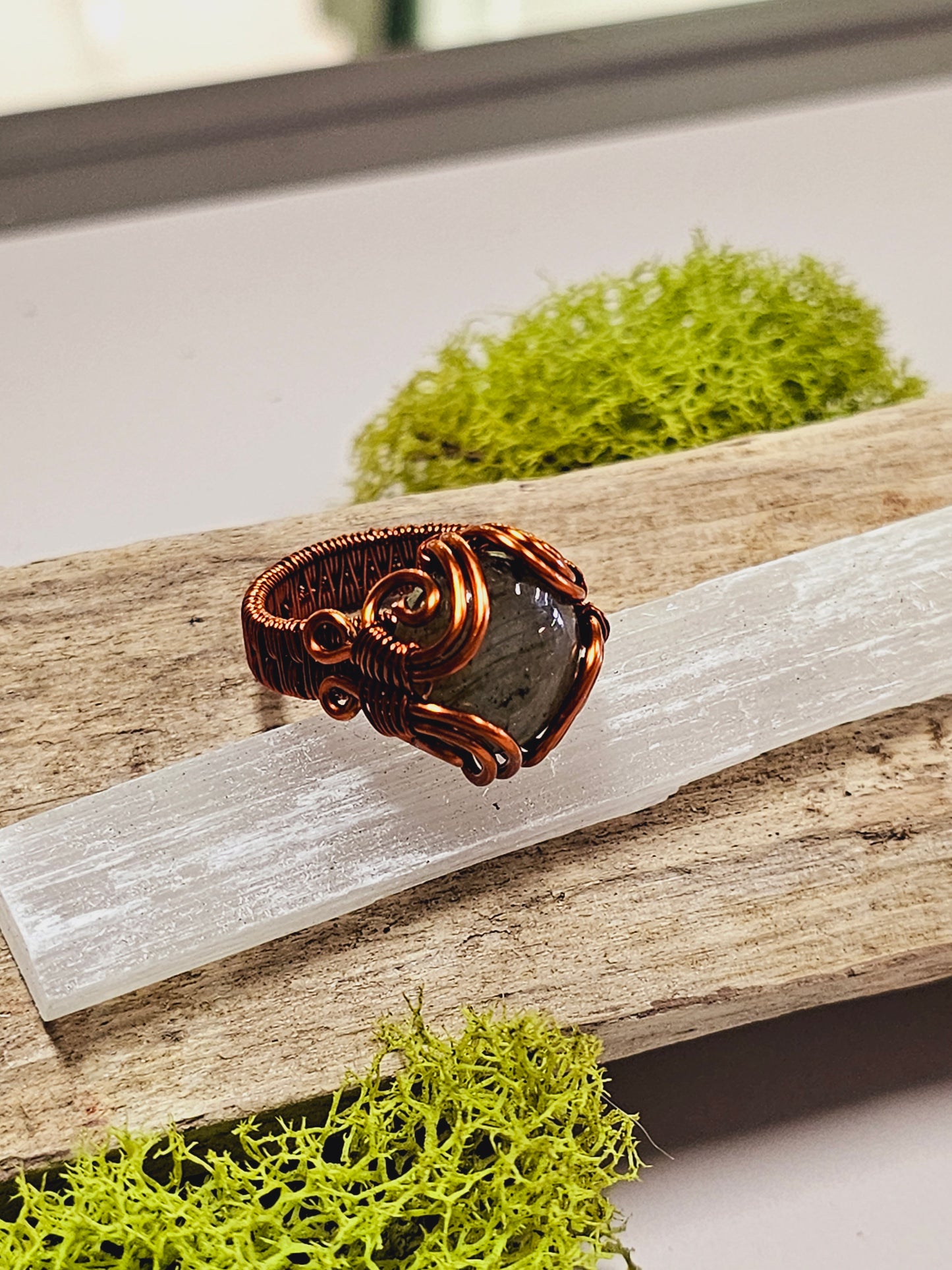 Labradorite and Copper Wire Wrapped Ring Size 6.25