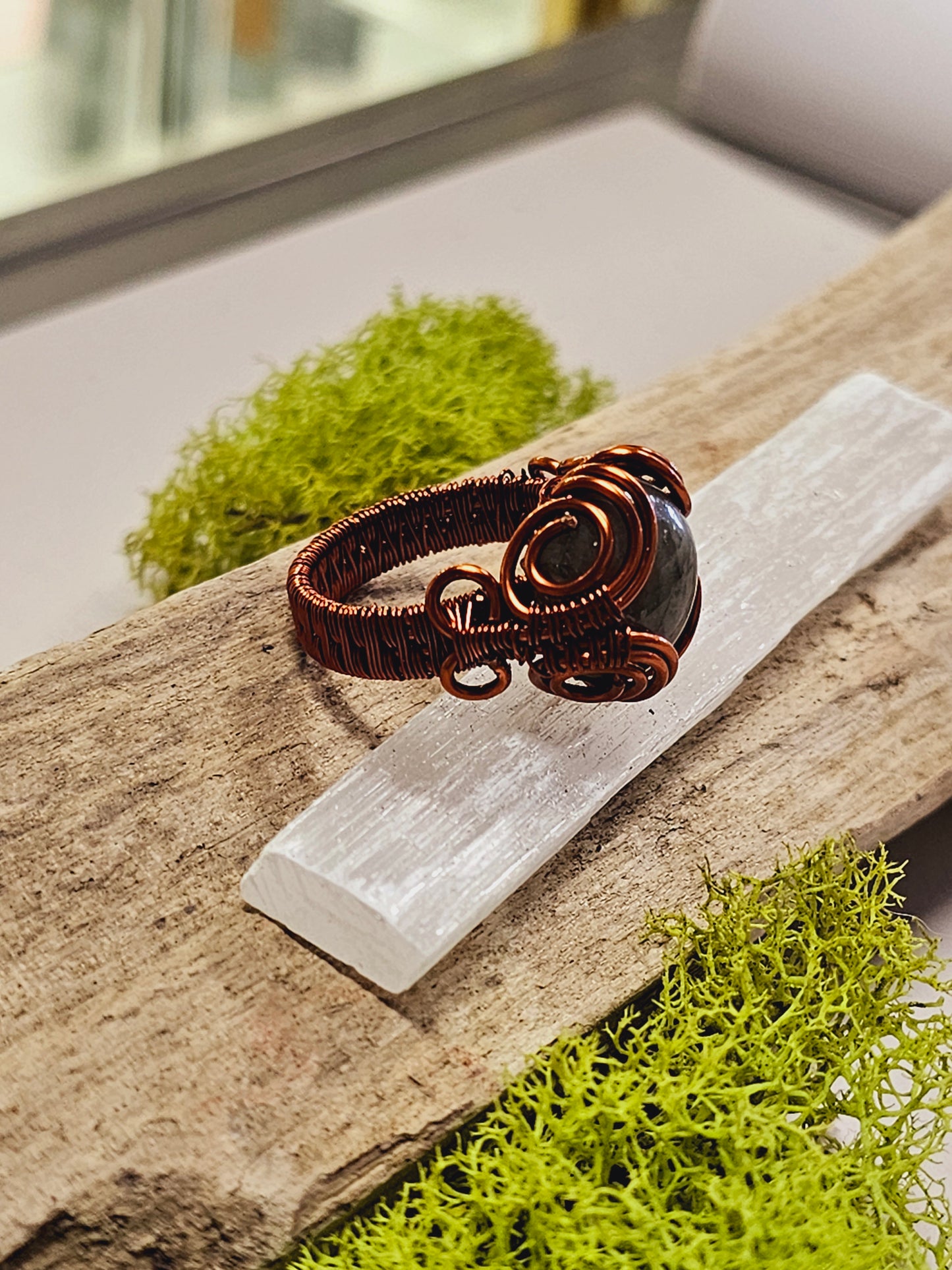 Labradorite and Copper Wire Wrapped Ring Size 8.5