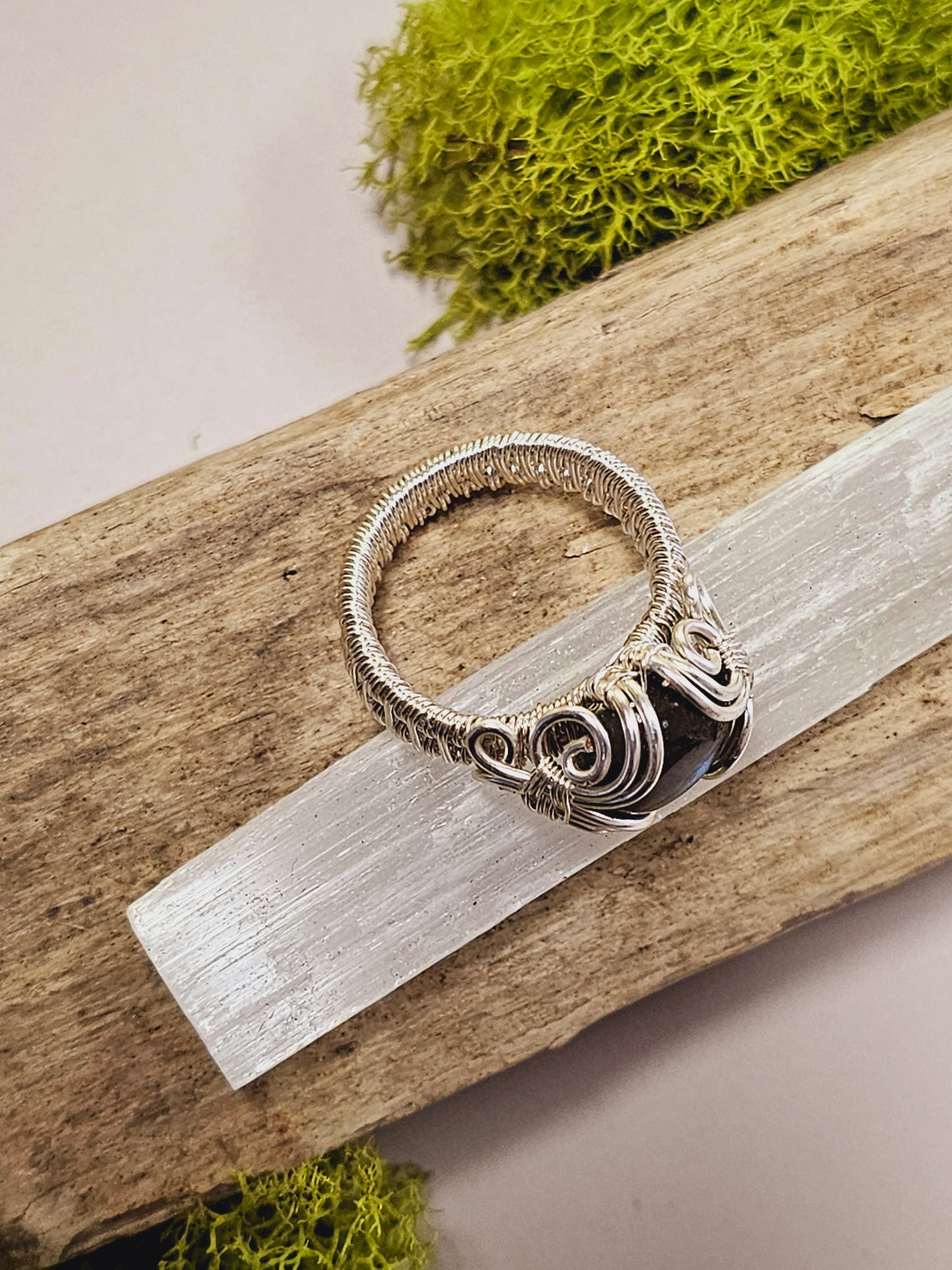 Labradorite and Silver Wire Wrapped Ring Size 9