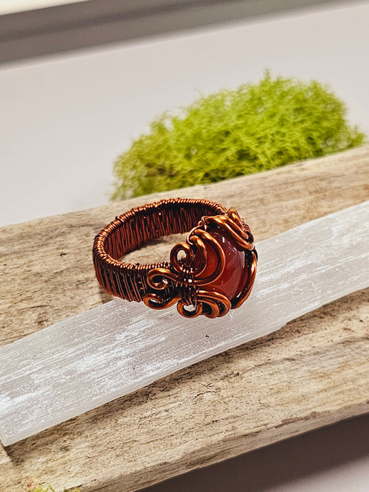 Carnelian and Copper Wire Wrapped Ring Size 8