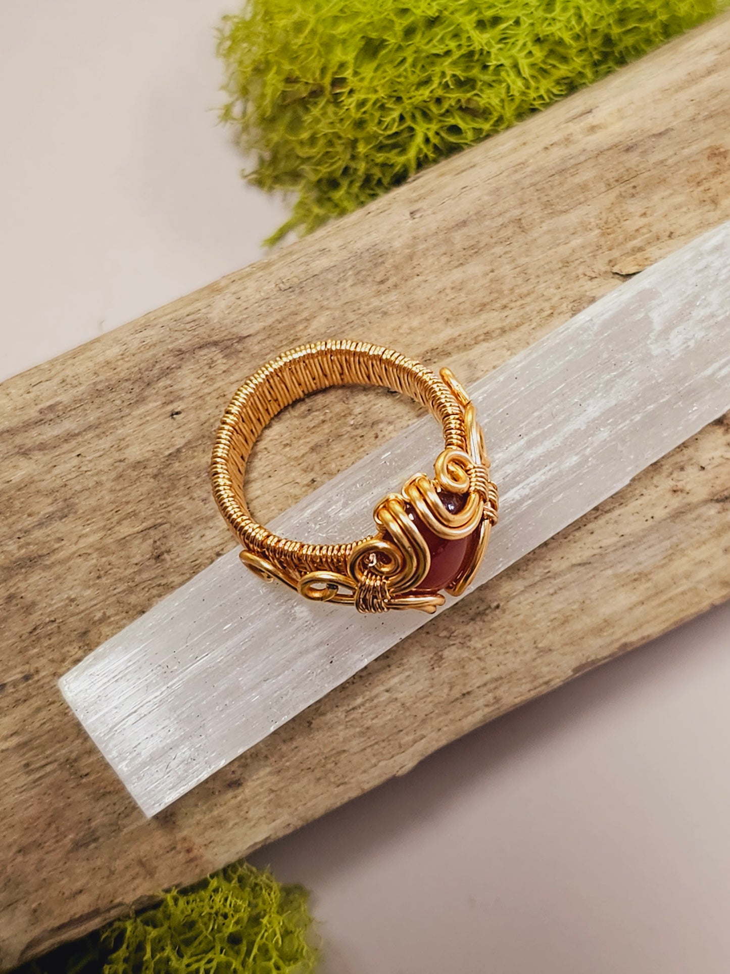 Carnelian and Gold Wire Wrapped Ring Size 8