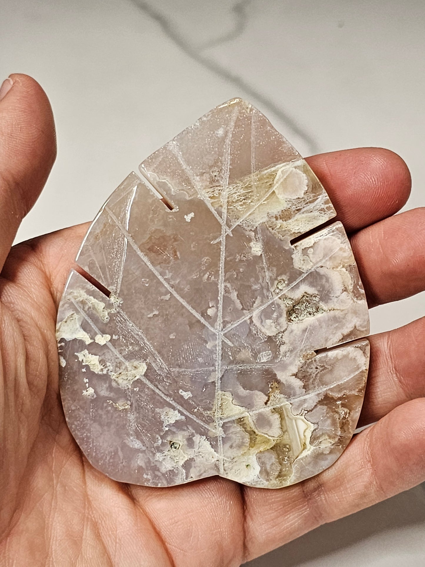Flower Agate Monstera Leaf Carving