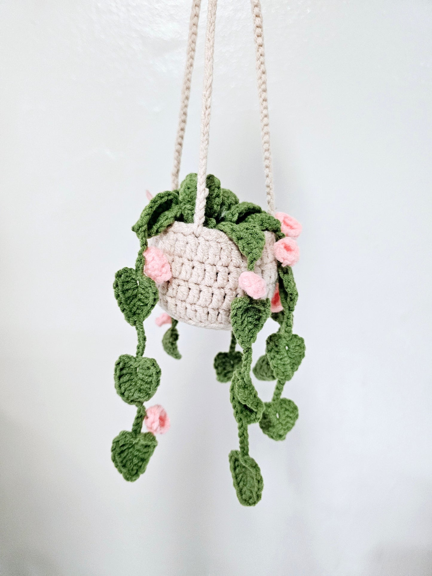 Crochet Plant Hanger with Pink Flowers