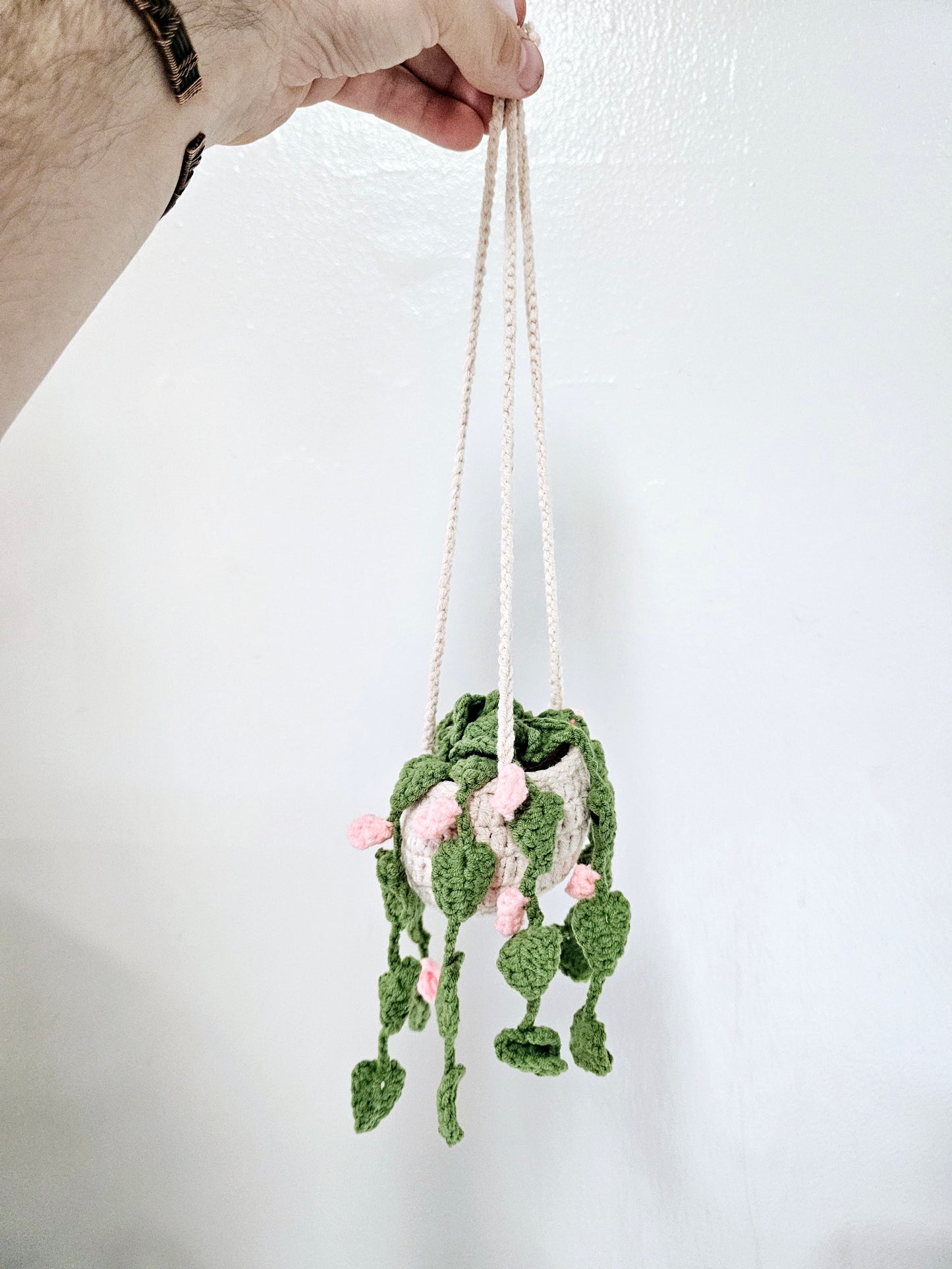 Crochet Plant Hanger with Pink Flowers