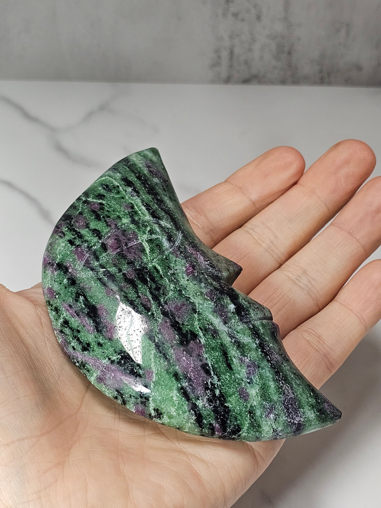 Ruby Zoisite Moon with Face Carving