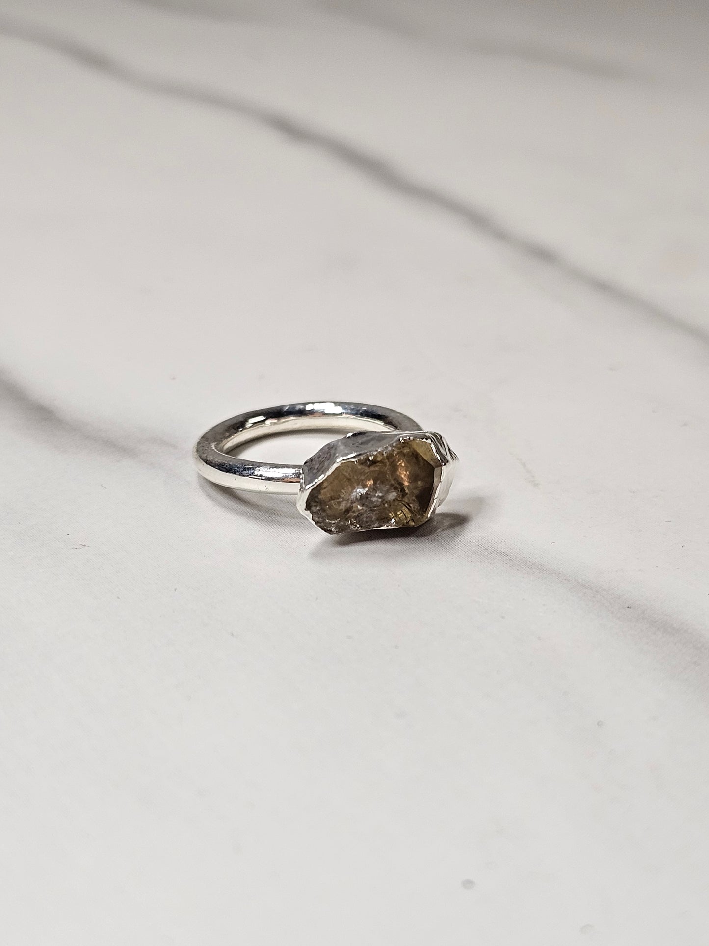 Rough Smokey Quartz Silver Plated Ring Size 4.25