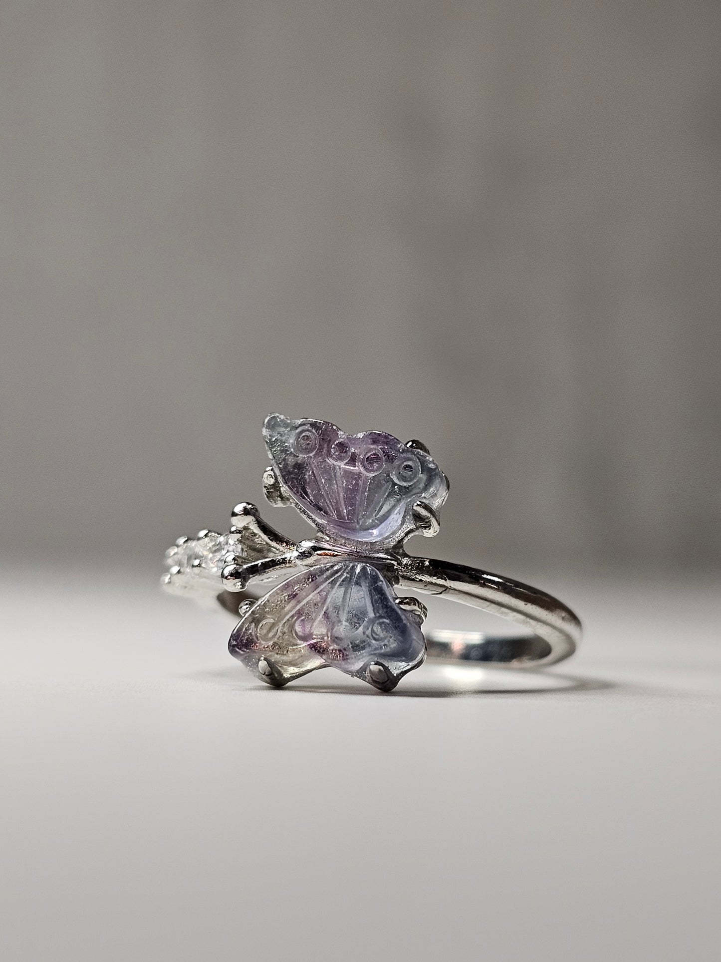 Rainbow Fluorite Butterfly White Bronze Ring
