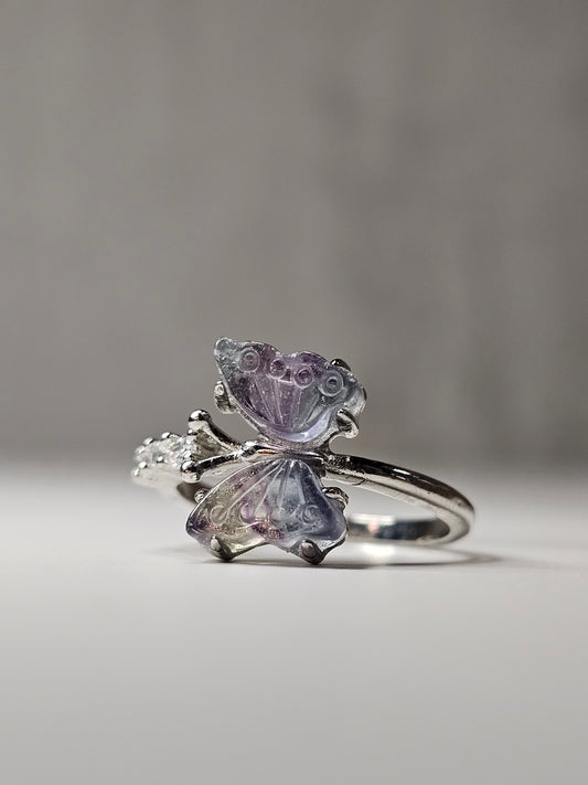 Rainbow Fluorite Butterfly White Bronze Ring