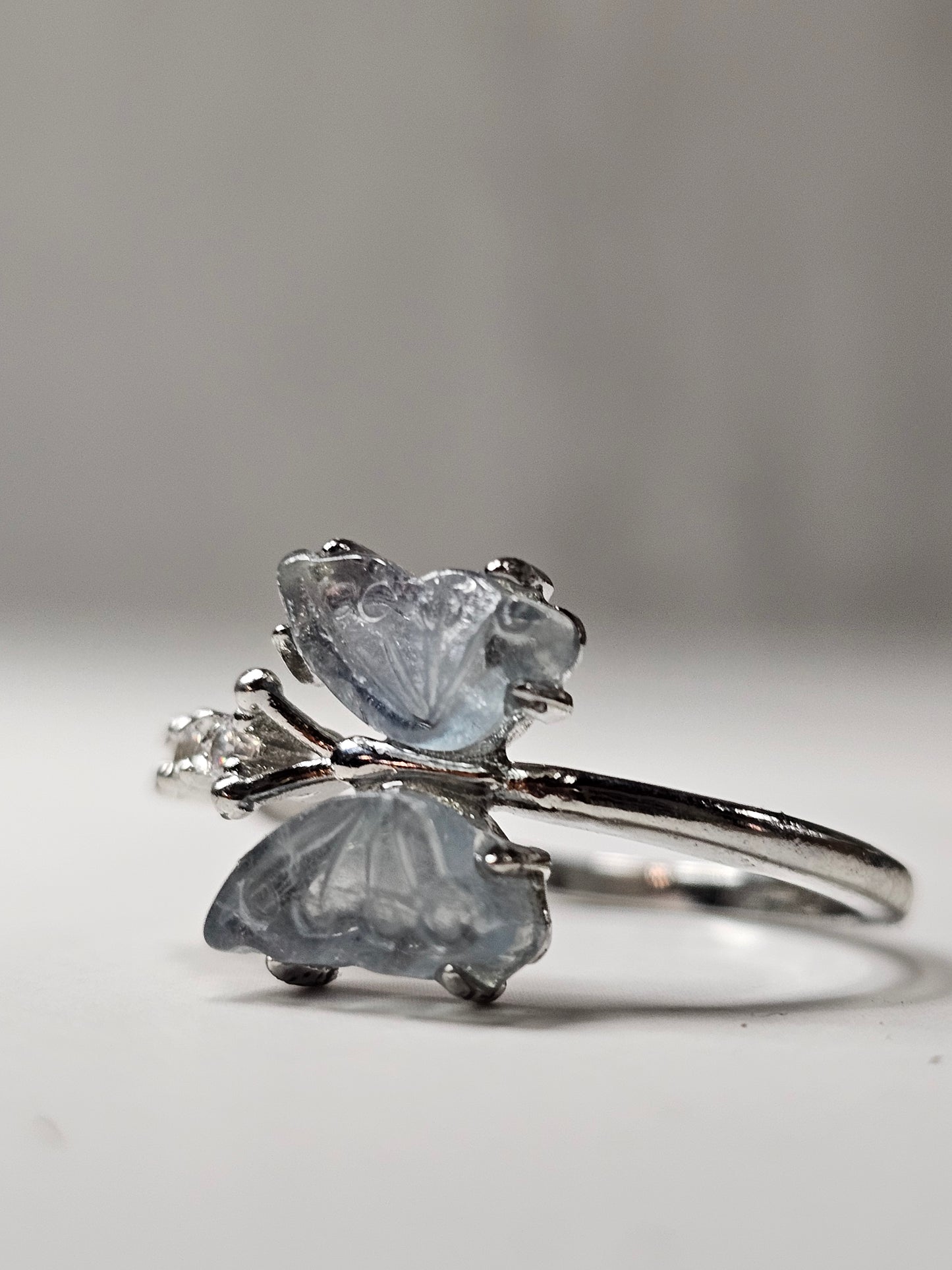 Rainbow Fluorite Butterfly White Bronze Ring