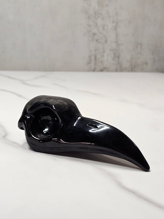 Silver Sheen Obsidian Raven Skull Carving