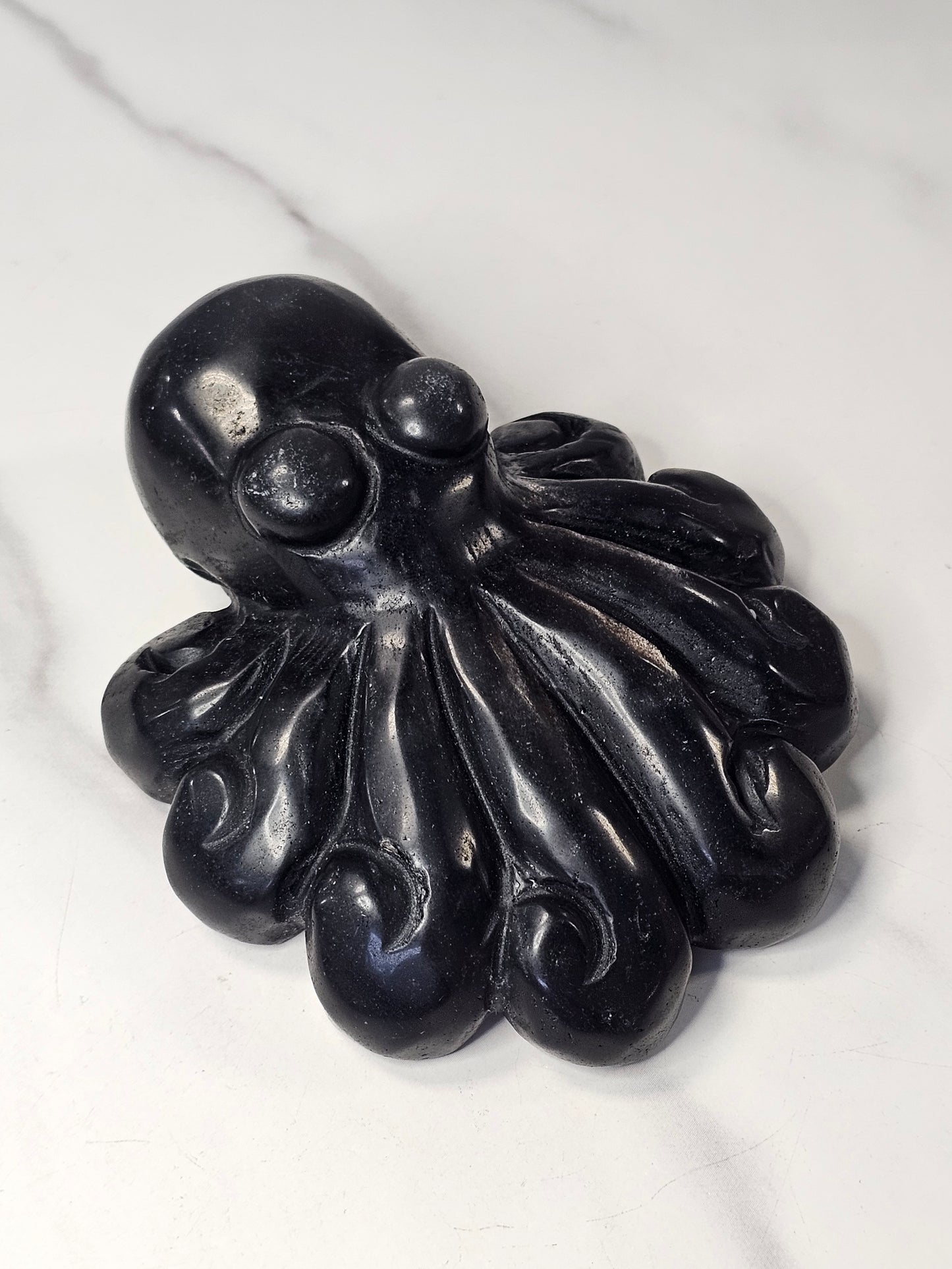 Silver Sheen Obsidian Octopus Carving