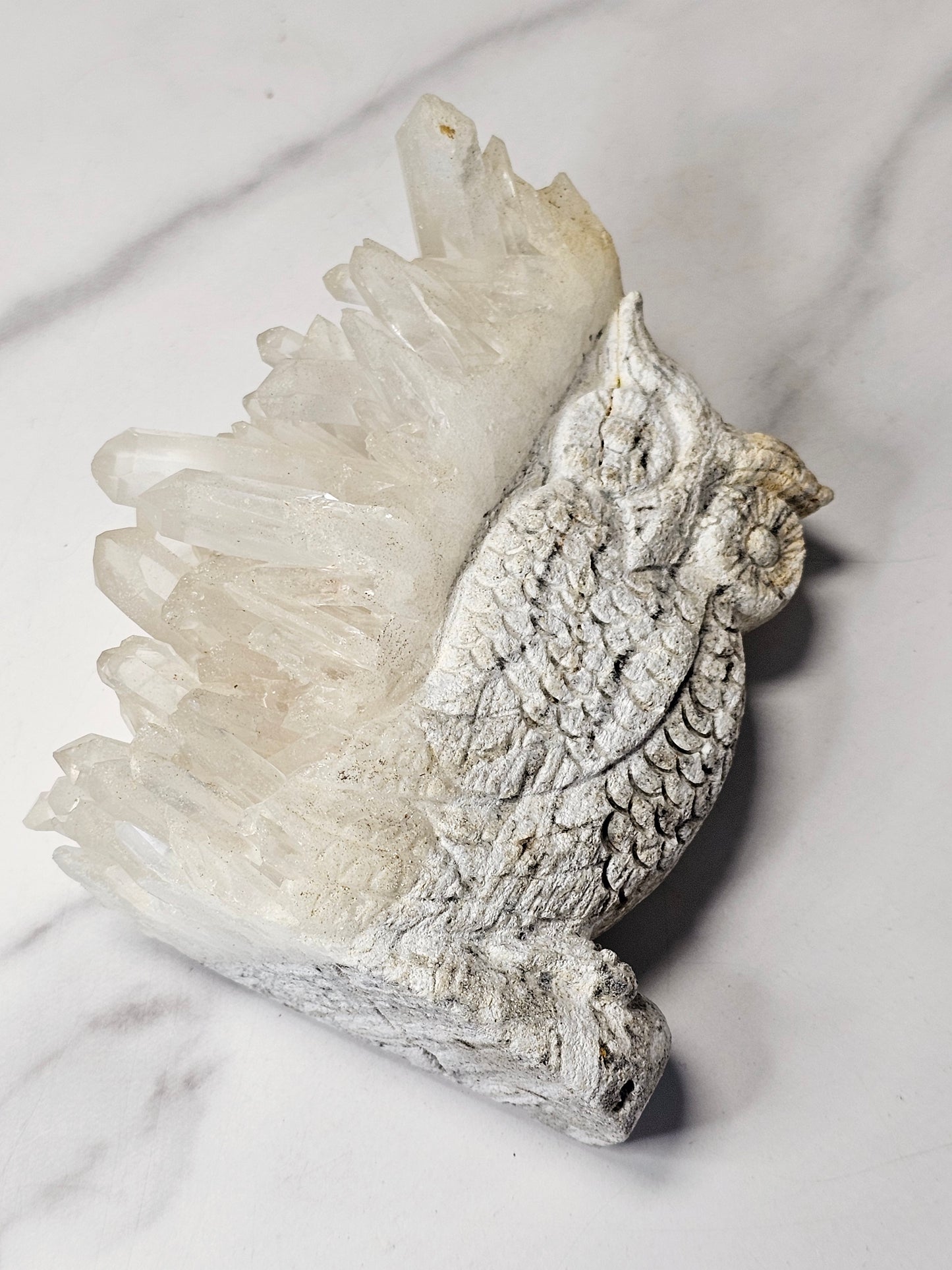 Quartz Point Cluster - Owl Carving