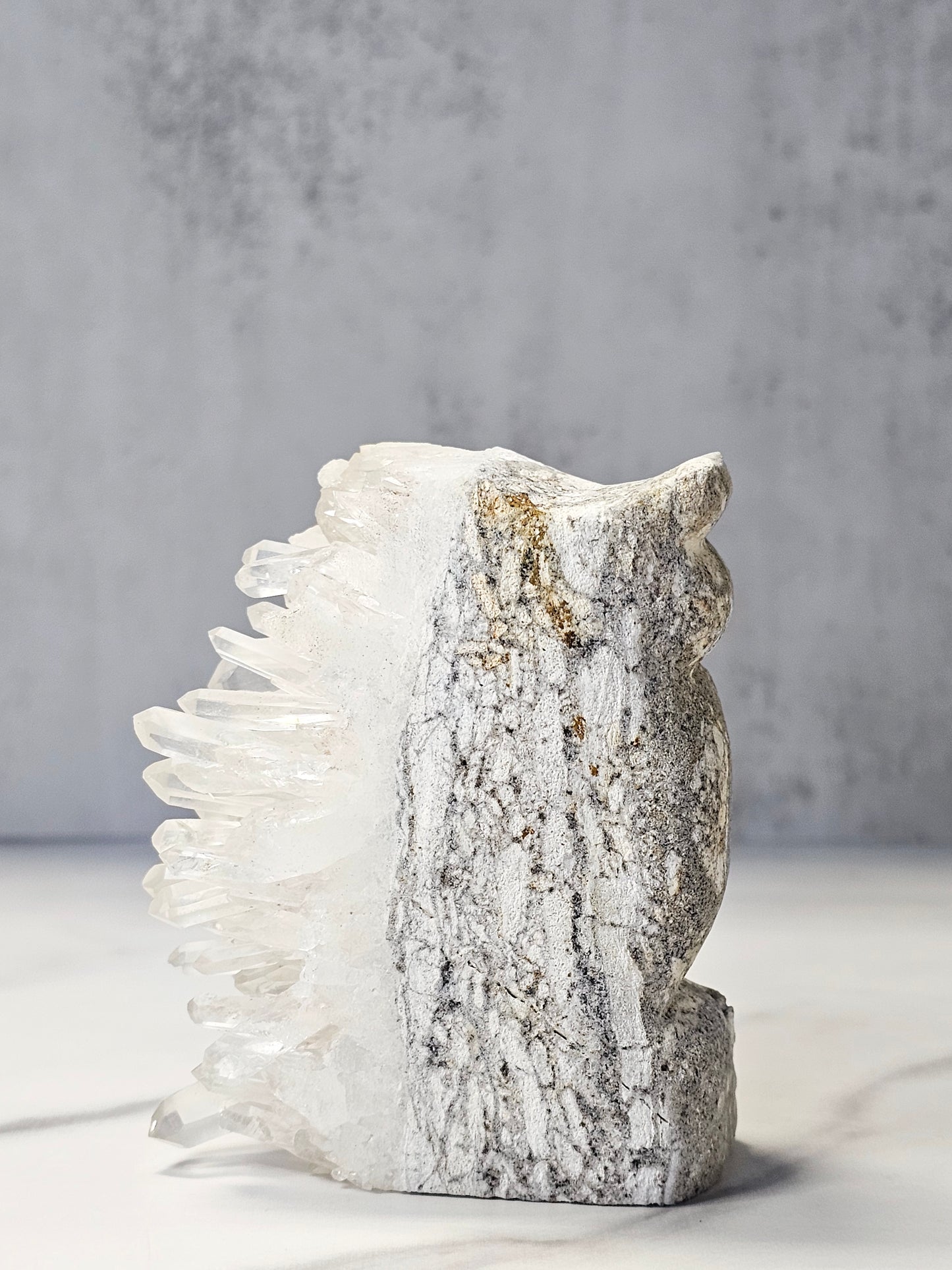 Quartz Point Cluster - Owl Carving