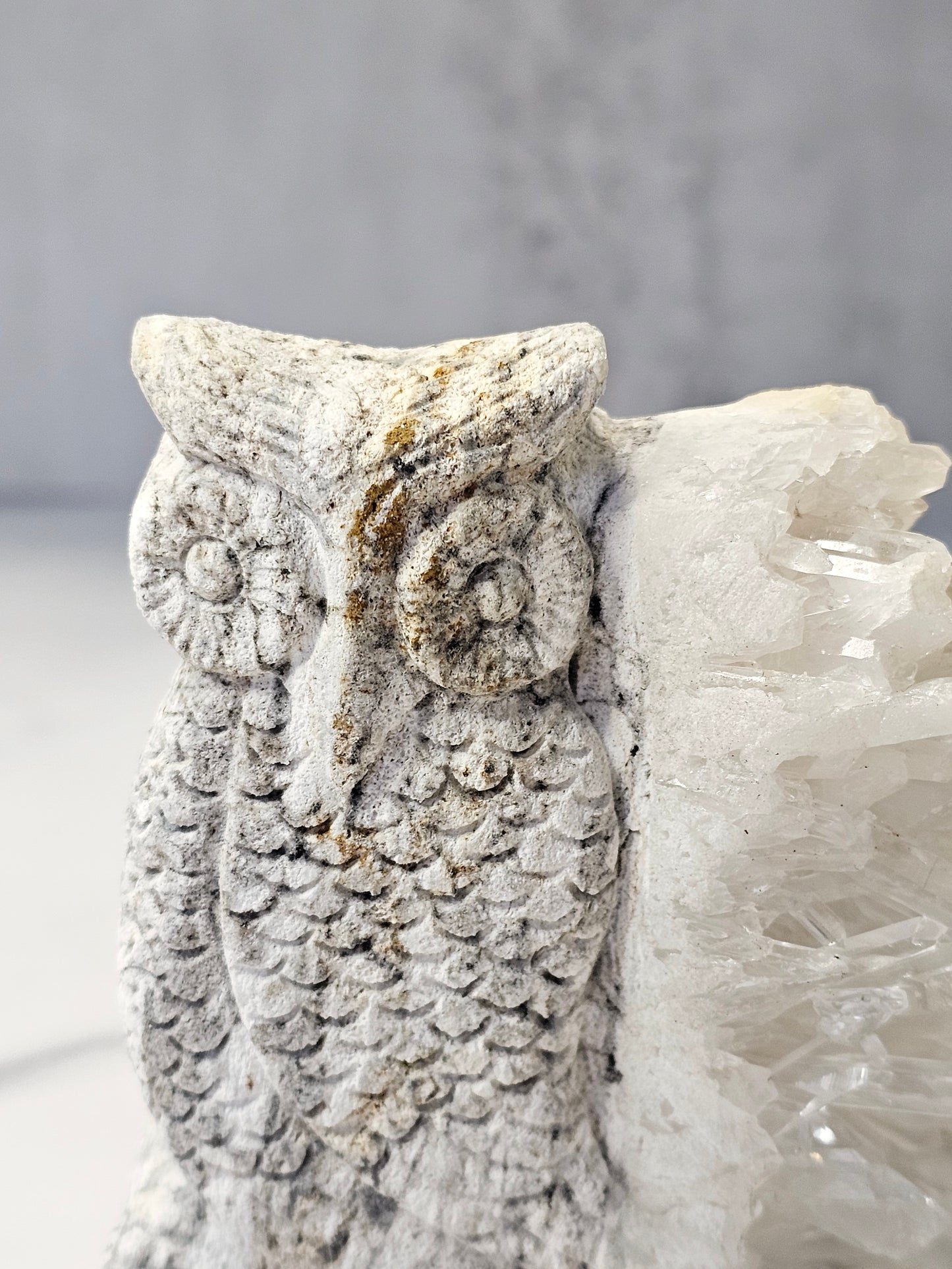 Quartz Point Cluster - Owl Carving
