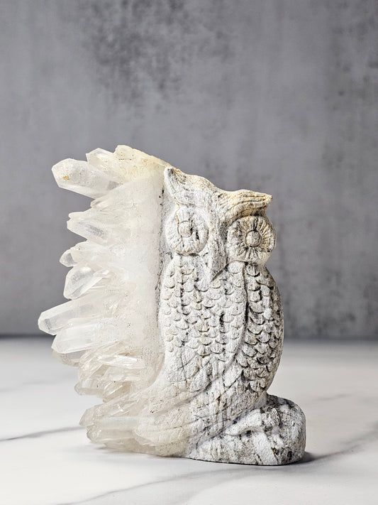 Quartz Point Cluster - Owl Carving