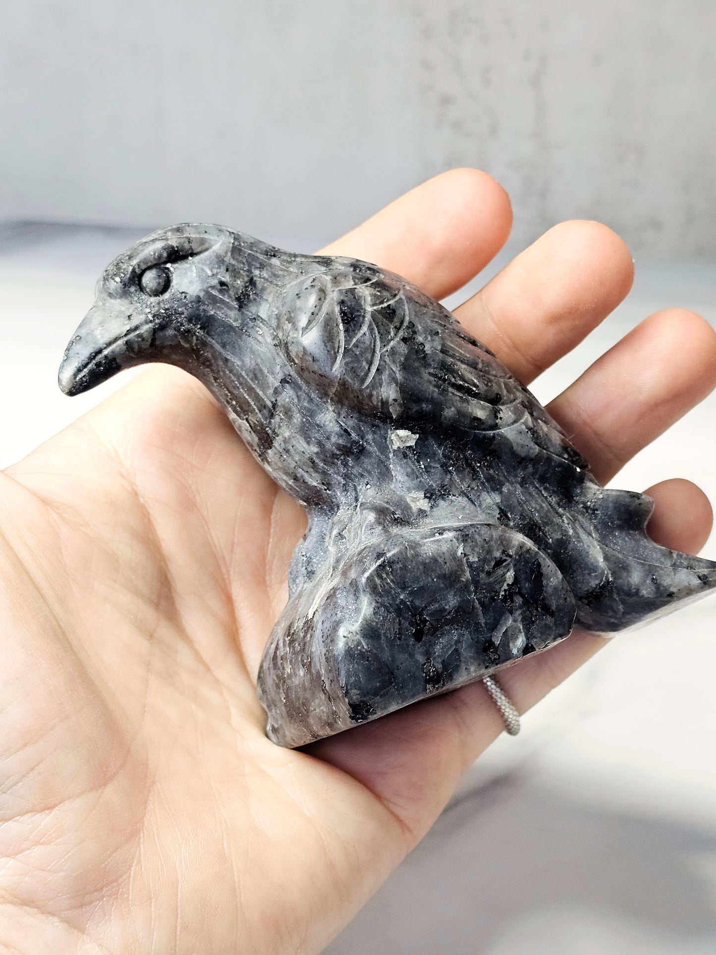 Larvikite Raven Carving