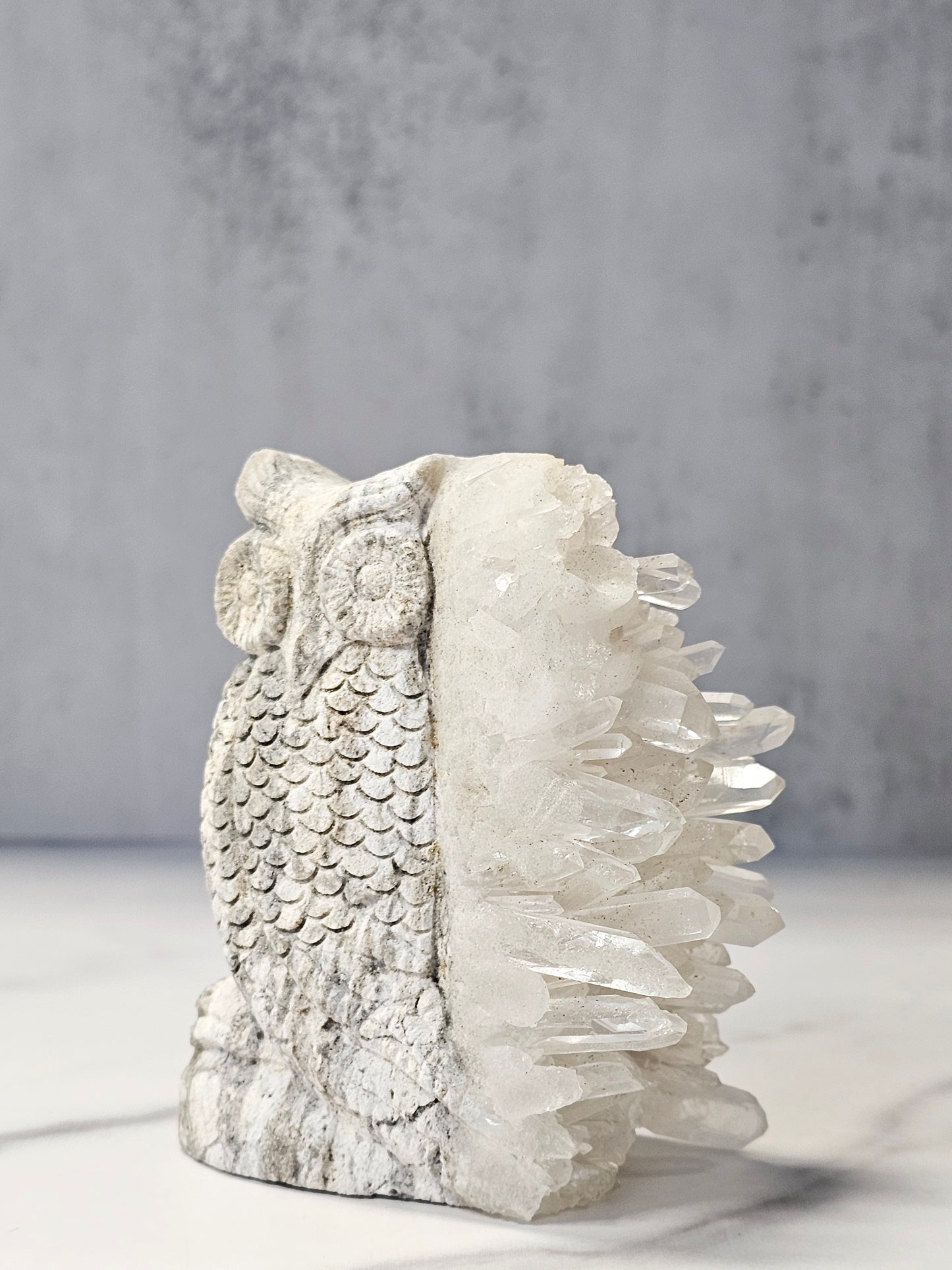 Quartz Point Cluster - Owl Carving