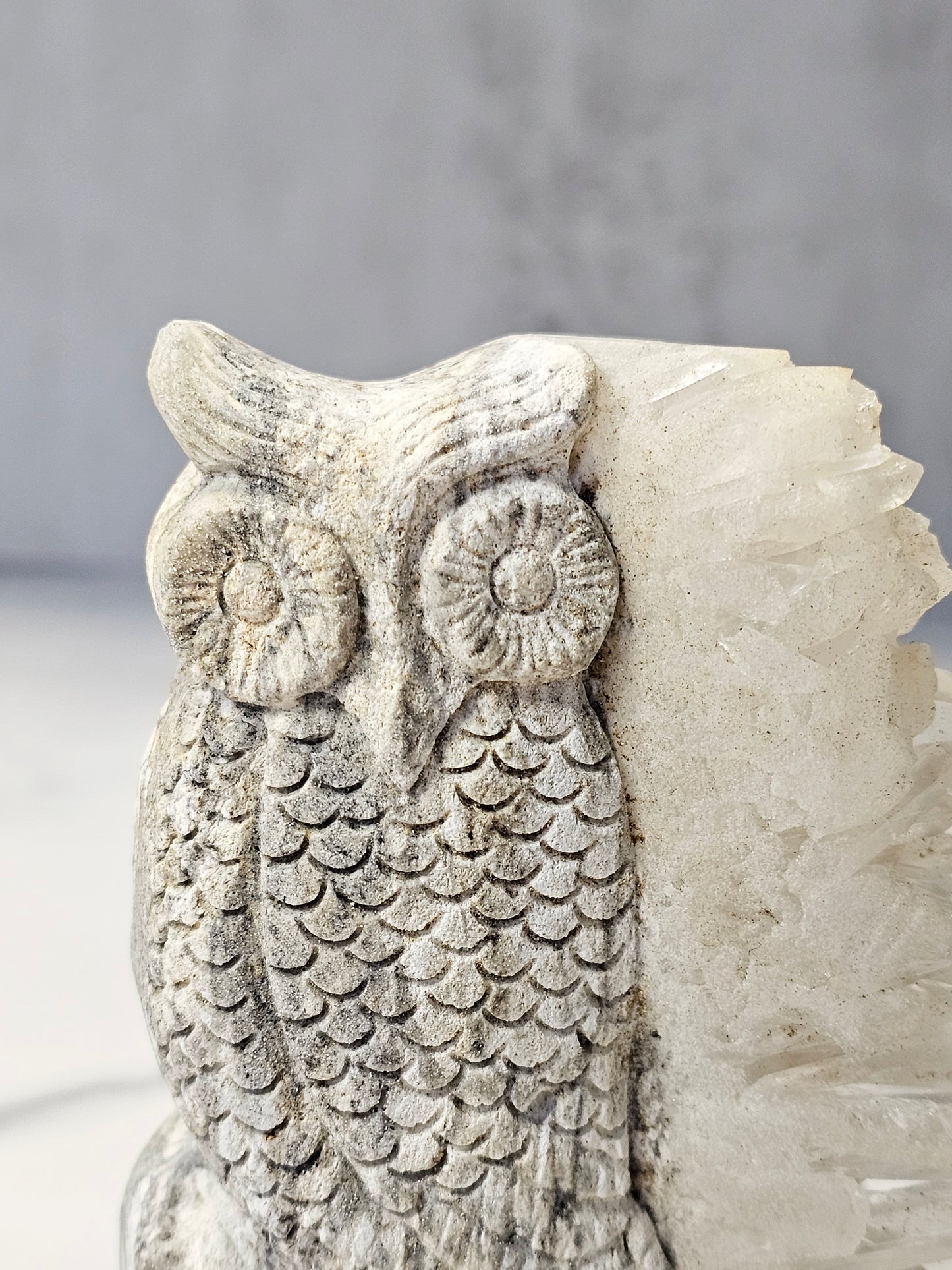 Quartz Point Cluster - Owl Carving