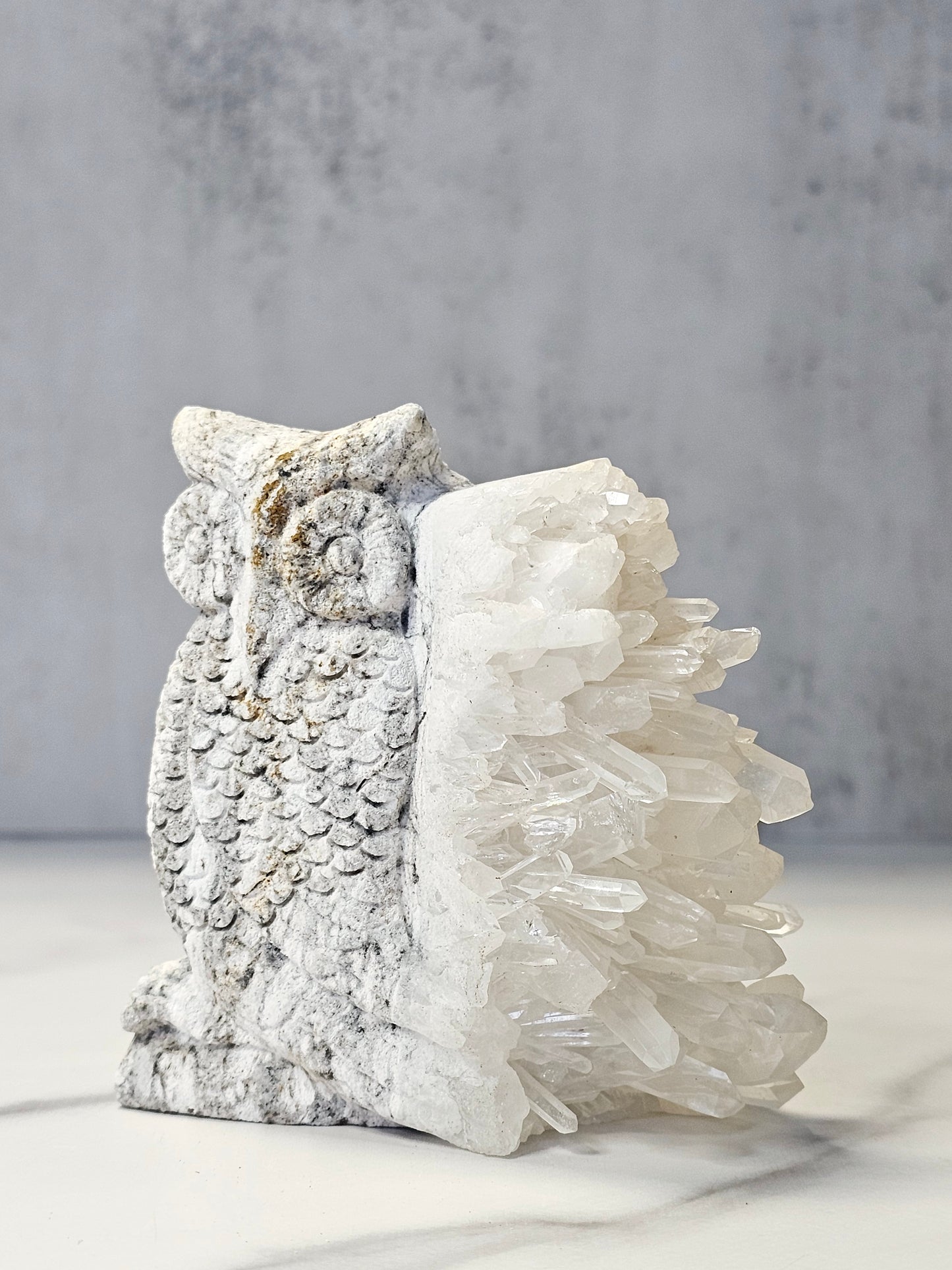 Quartz Point Cluster - Owl Carving