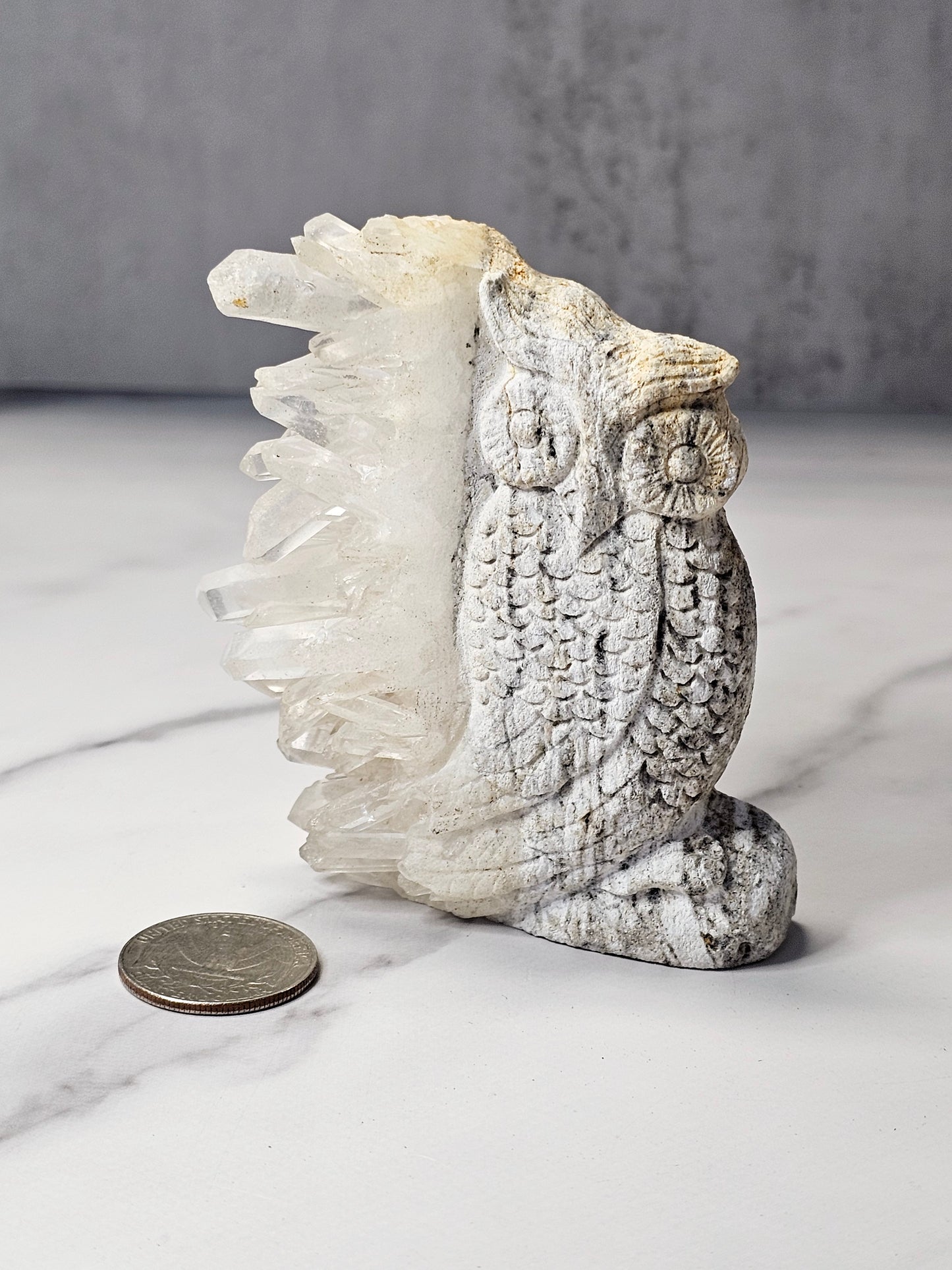 Quartz Point Cluster - Owl Carving