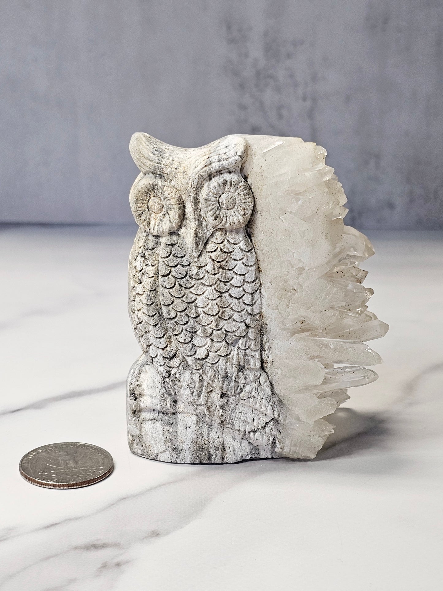 Quartz Point Cluster - Owl Carving
