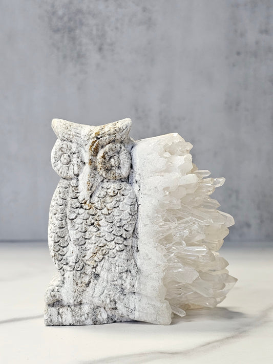Quartz Point Cluster - Owl Carving