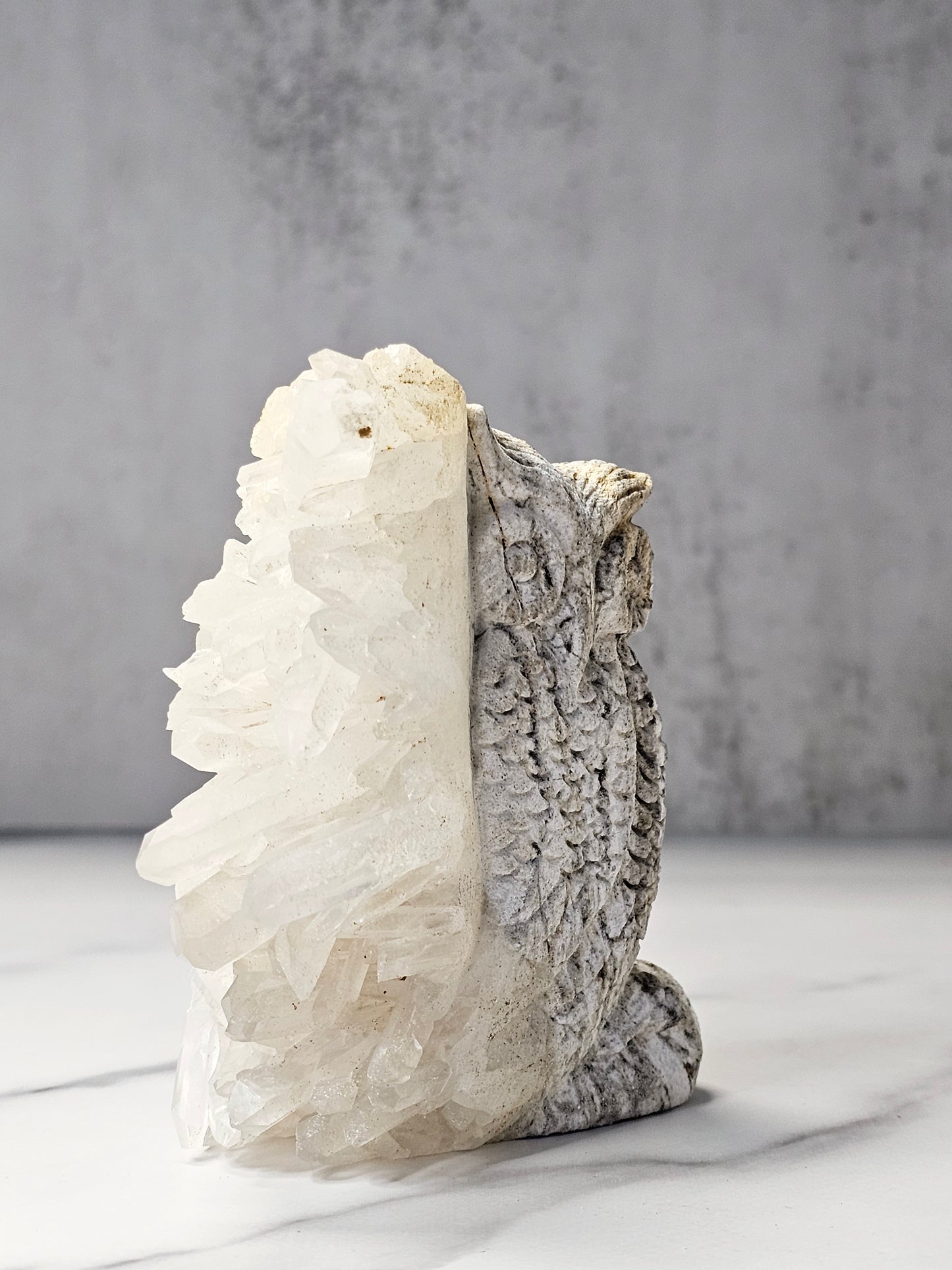 Quartz Point Cluster - Owl Carving