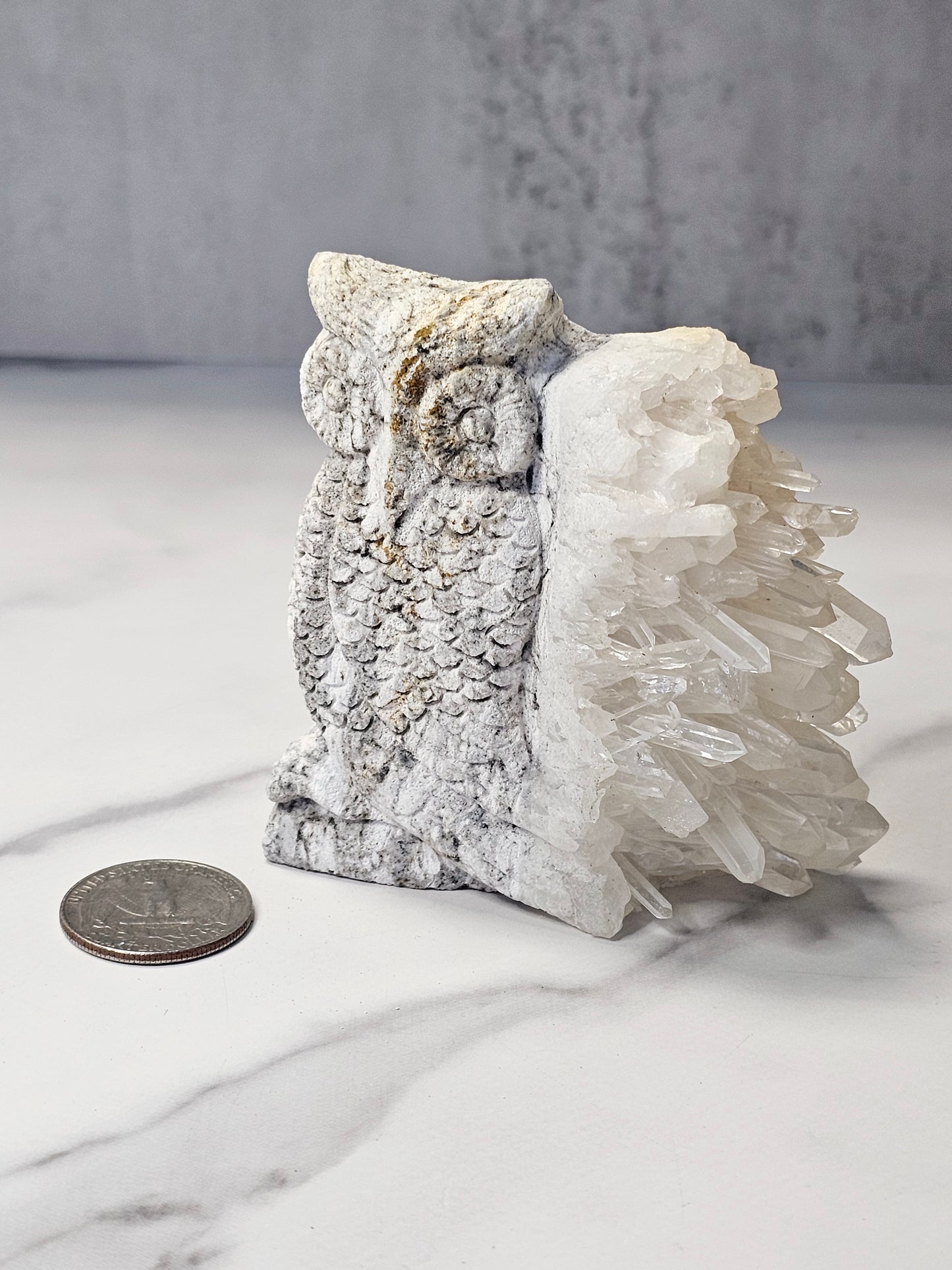 Quartz Point Cluster - Owl Carving