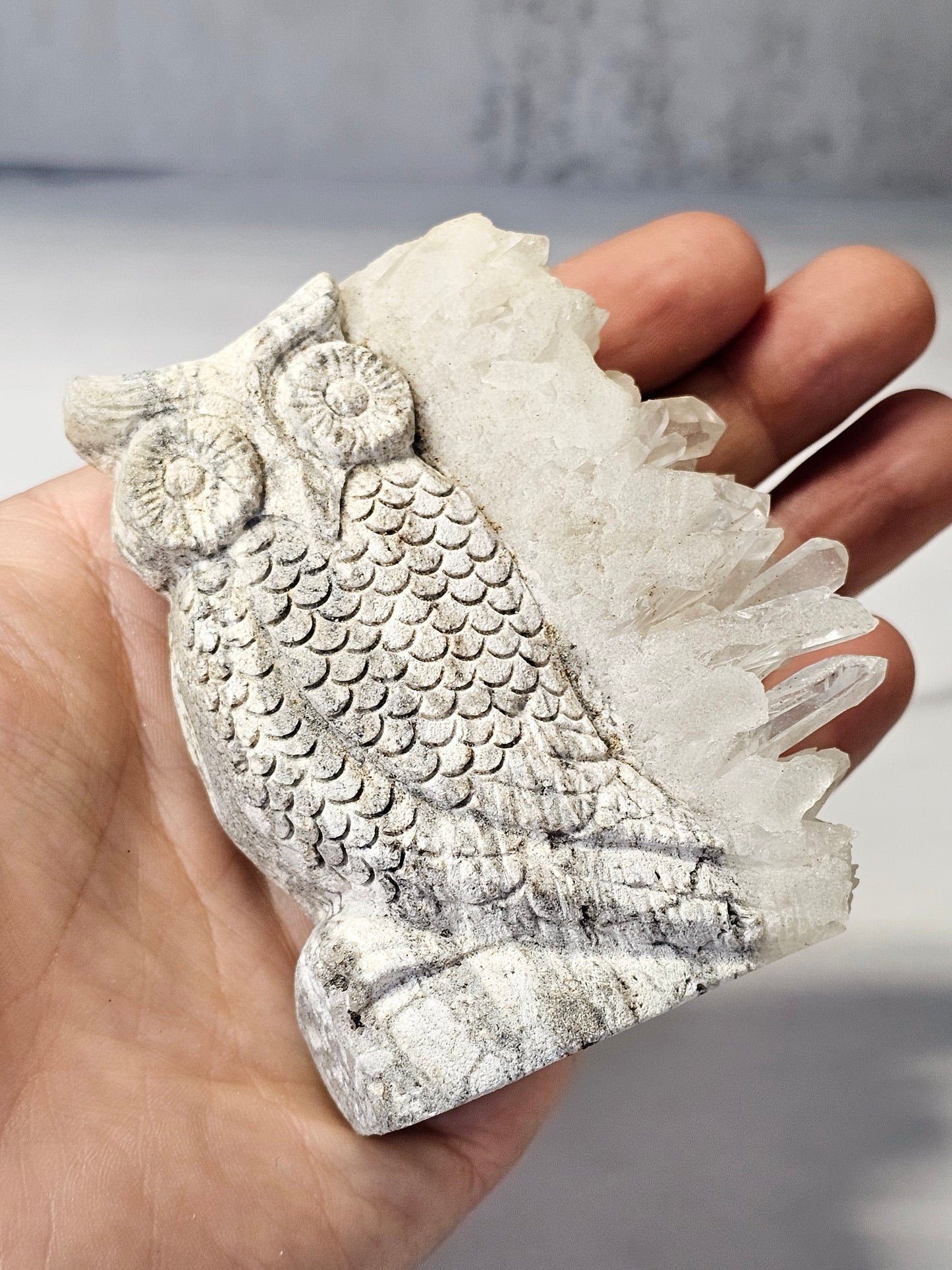 Quartz Point Cluster - Owl Carving